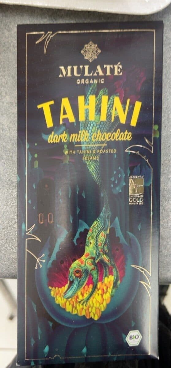Tahini dark milk chocolate packshot