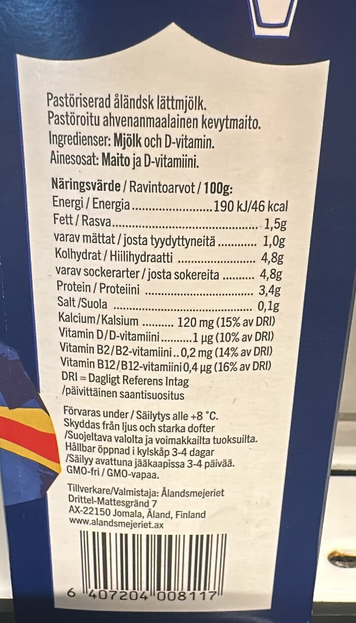 Ålandsmejeriet Åländsk lättmjölk packshot
