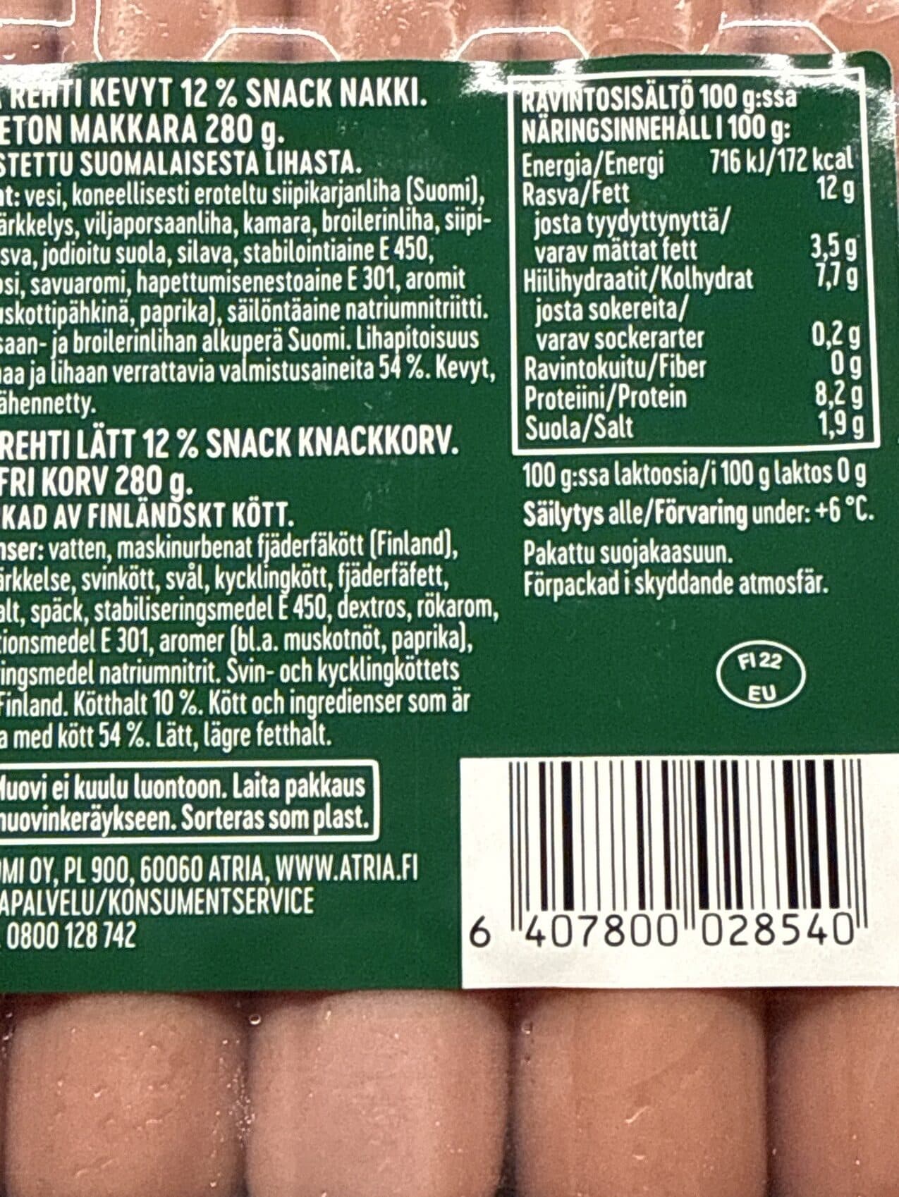Atria Rehti Kevyt 12% Snack Nakki packshot