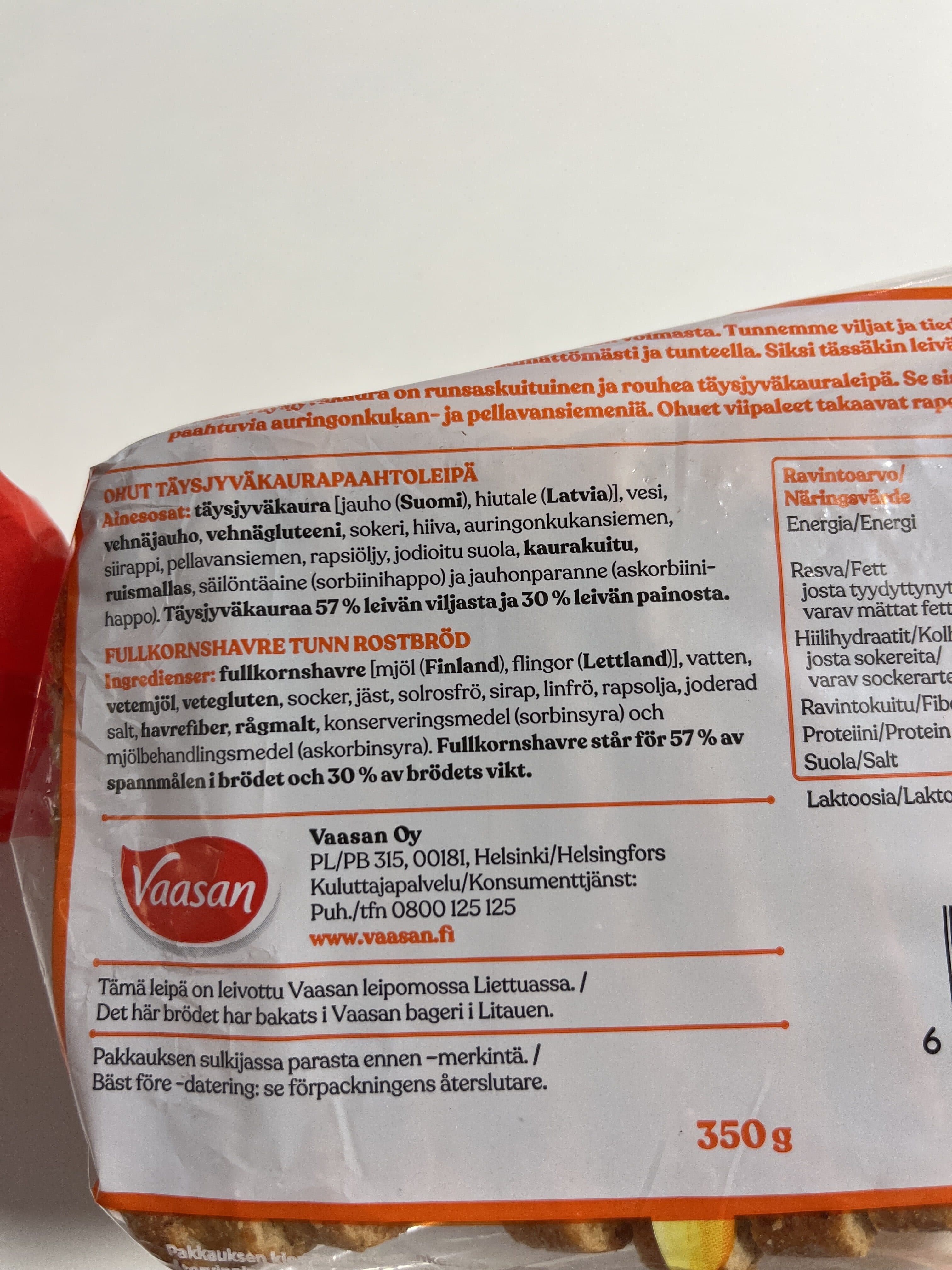 Vaasan Taika täysjyväkaura ohut paahto packshot
