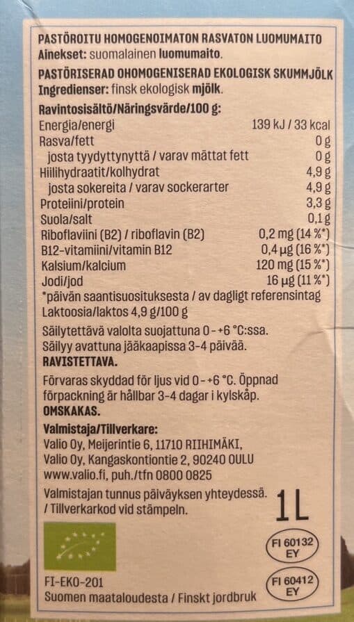 Valio Luomu Rasvaton Maito packshot