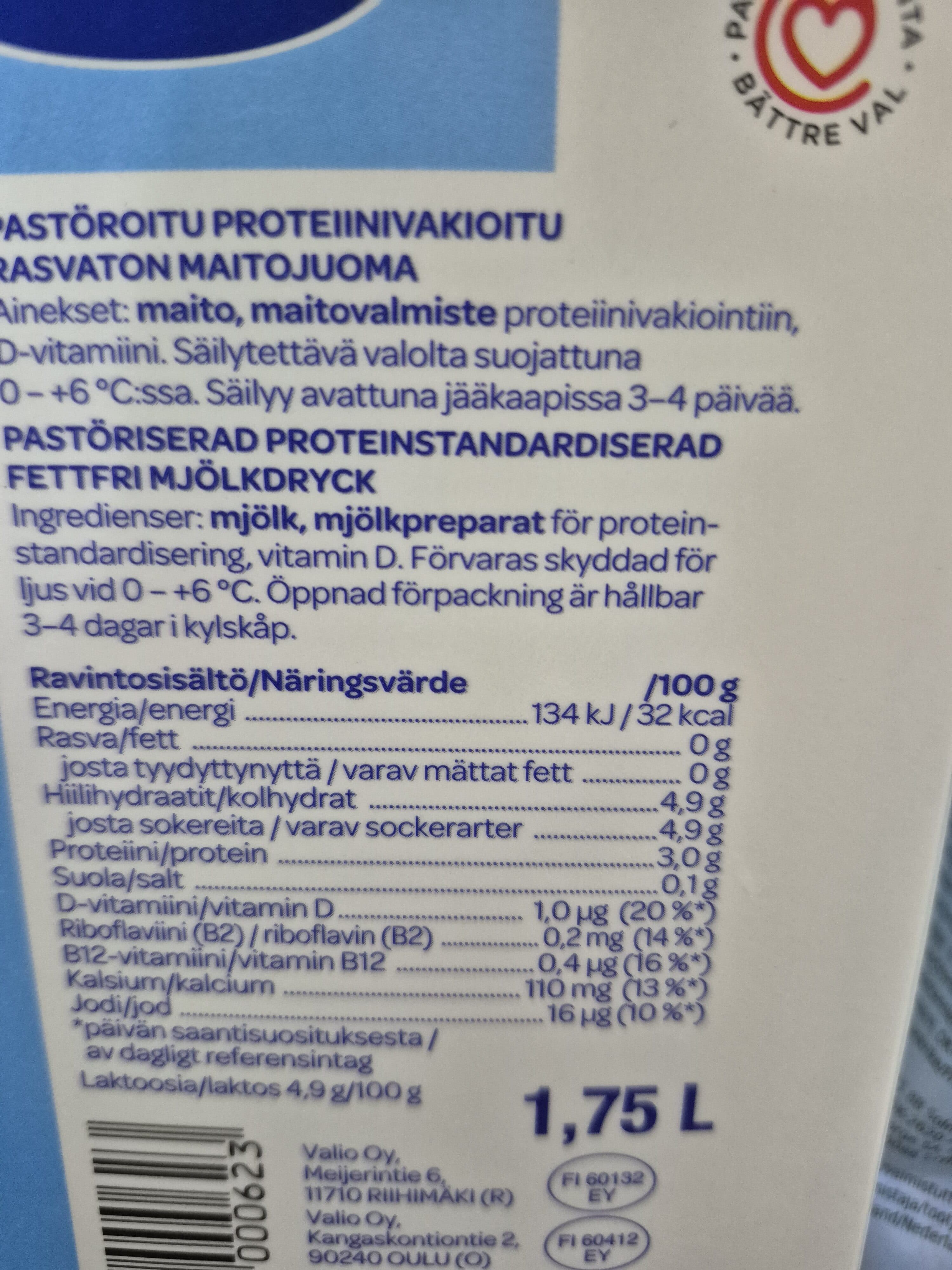 Valio Rasvaton Maito packshot
