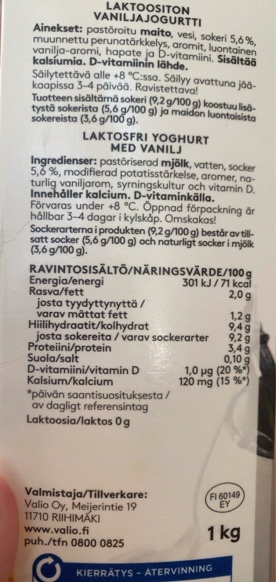 Valio Valiojogurtti Vanilja packshot