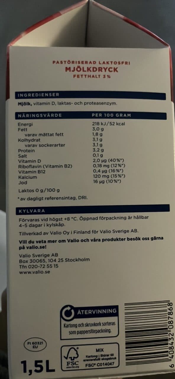 Valio Standardmjölk packshot