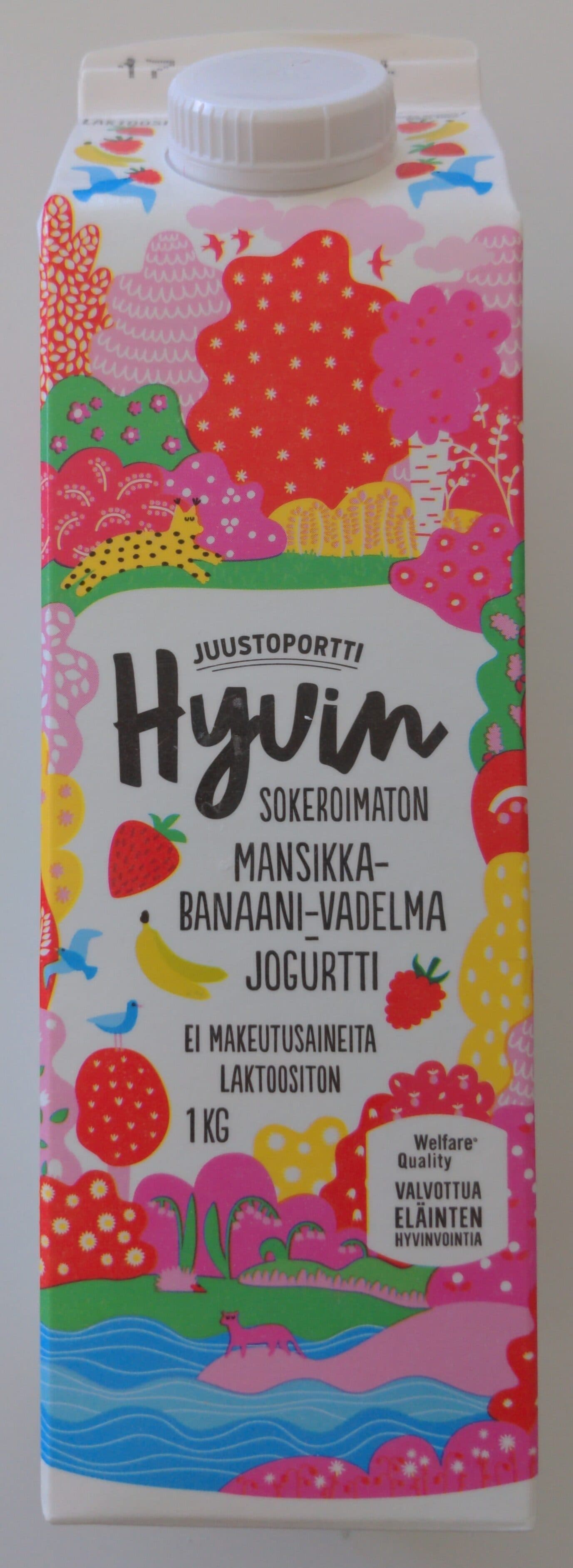 Juustoportti Hyvin sokeroimaton mansikka-banaani-vadelma jogurtti packshot