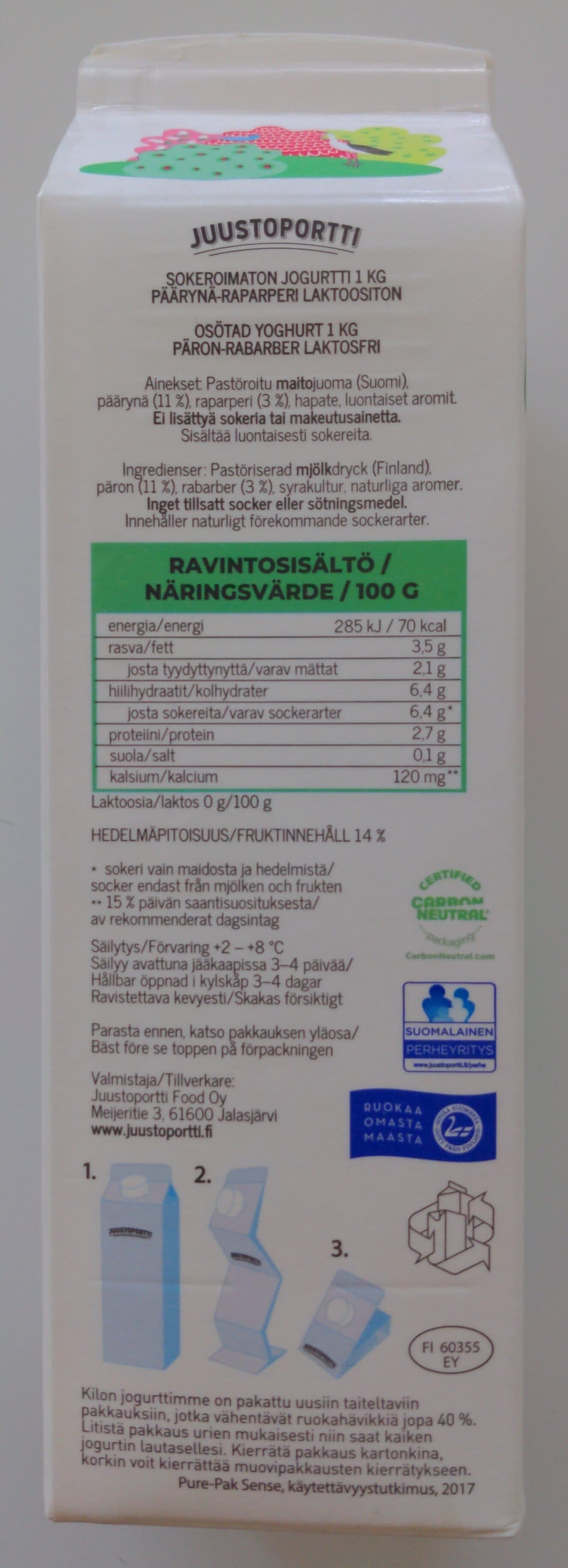 Juustoportti Hyvin sokeroimaton päärynä-raparperijogurtti packshot