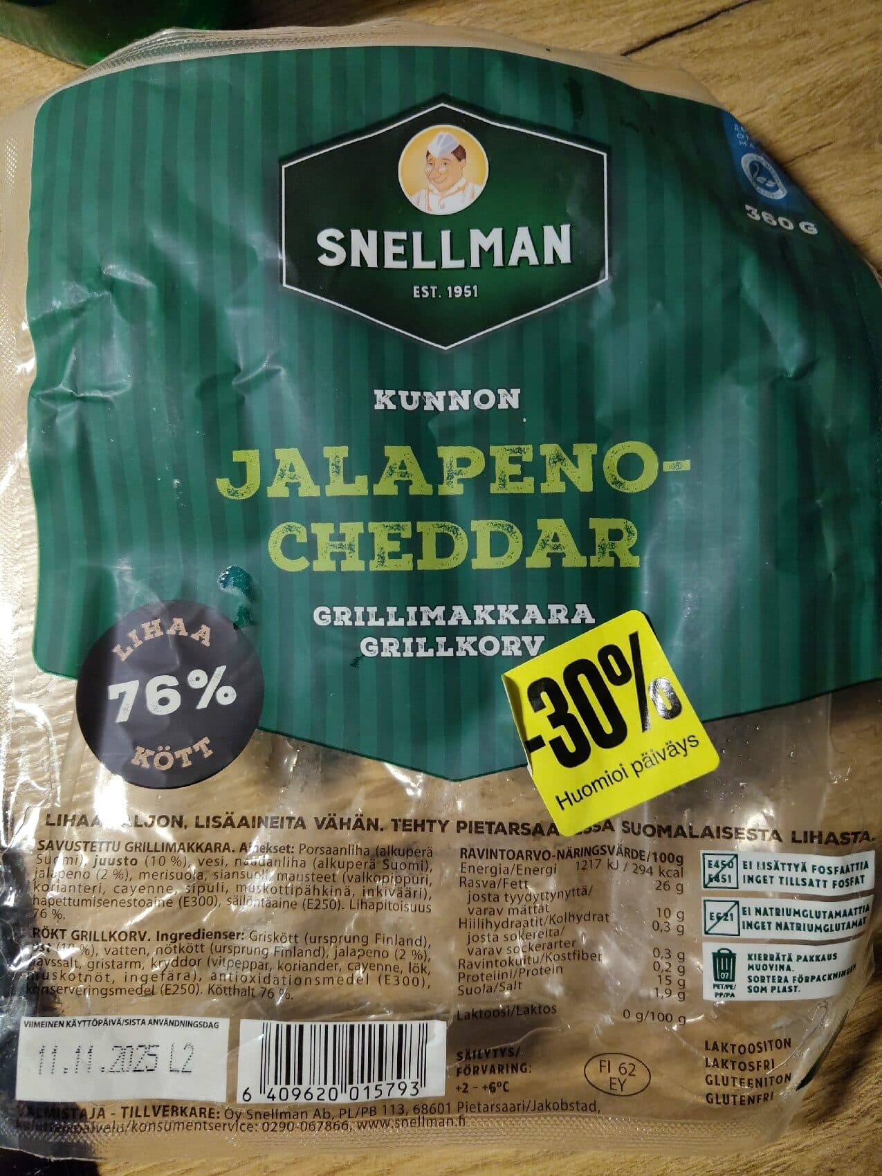 Snellman Cheddar Jalapeno Grillimakkara packshot