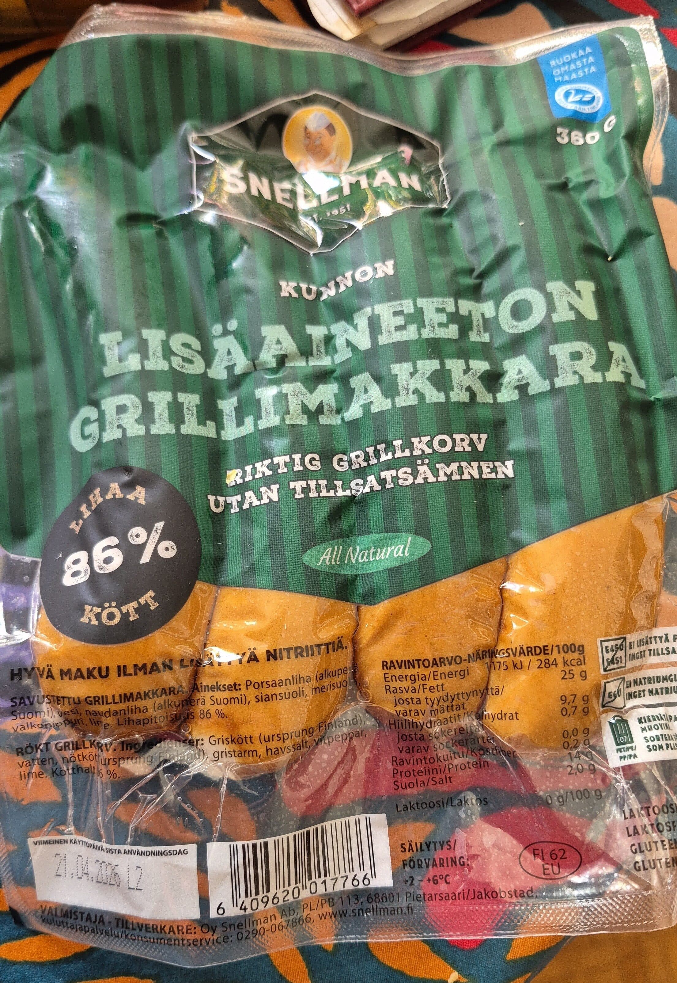 Snellman Kunnon lisäaineeton grillimakkara packshot