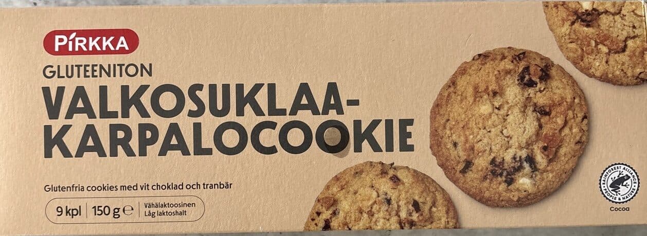 Pirkka Gluteeniton valkosuklaakarpalocookie packshot
