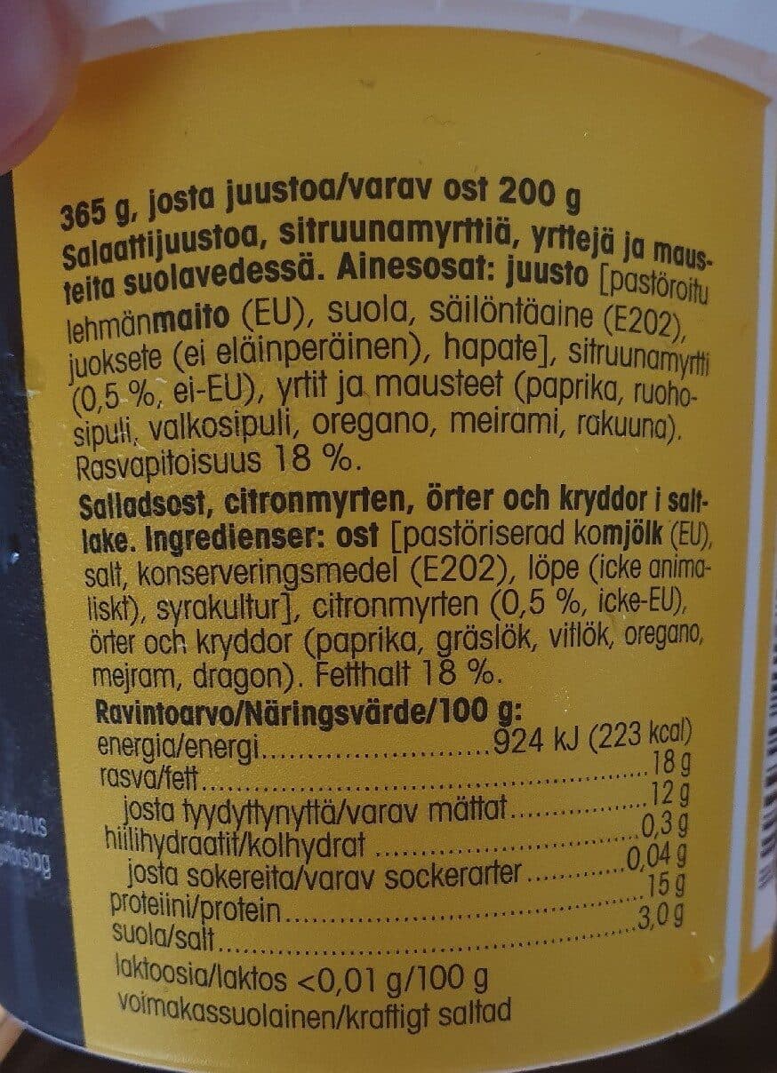 Pirkka Sitruuna-yrtti Salaattijuusto Kuutioituna Vedessä packshot