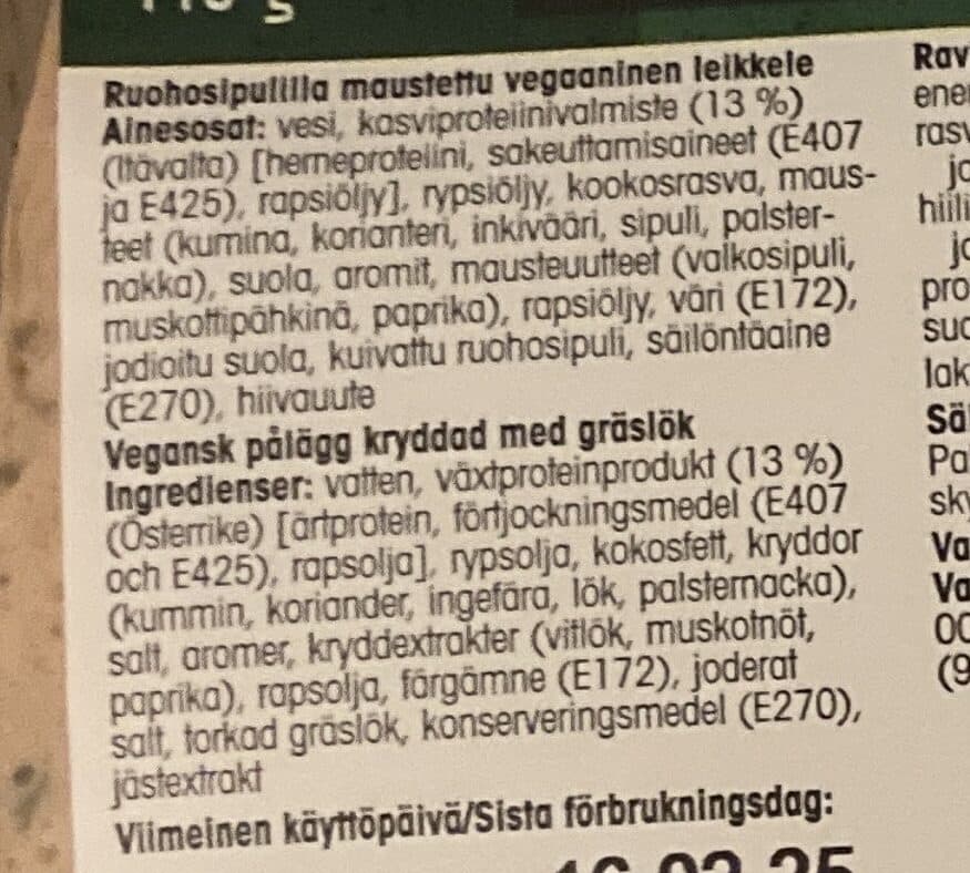 Pirkka Vege Kasvisleikkele Ruohosipuli packshot