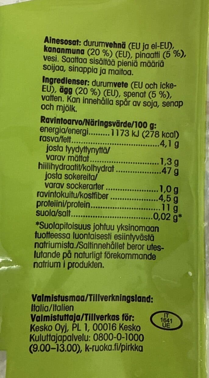Pirkka Pinaattifettuccine Tuorepasta packshot