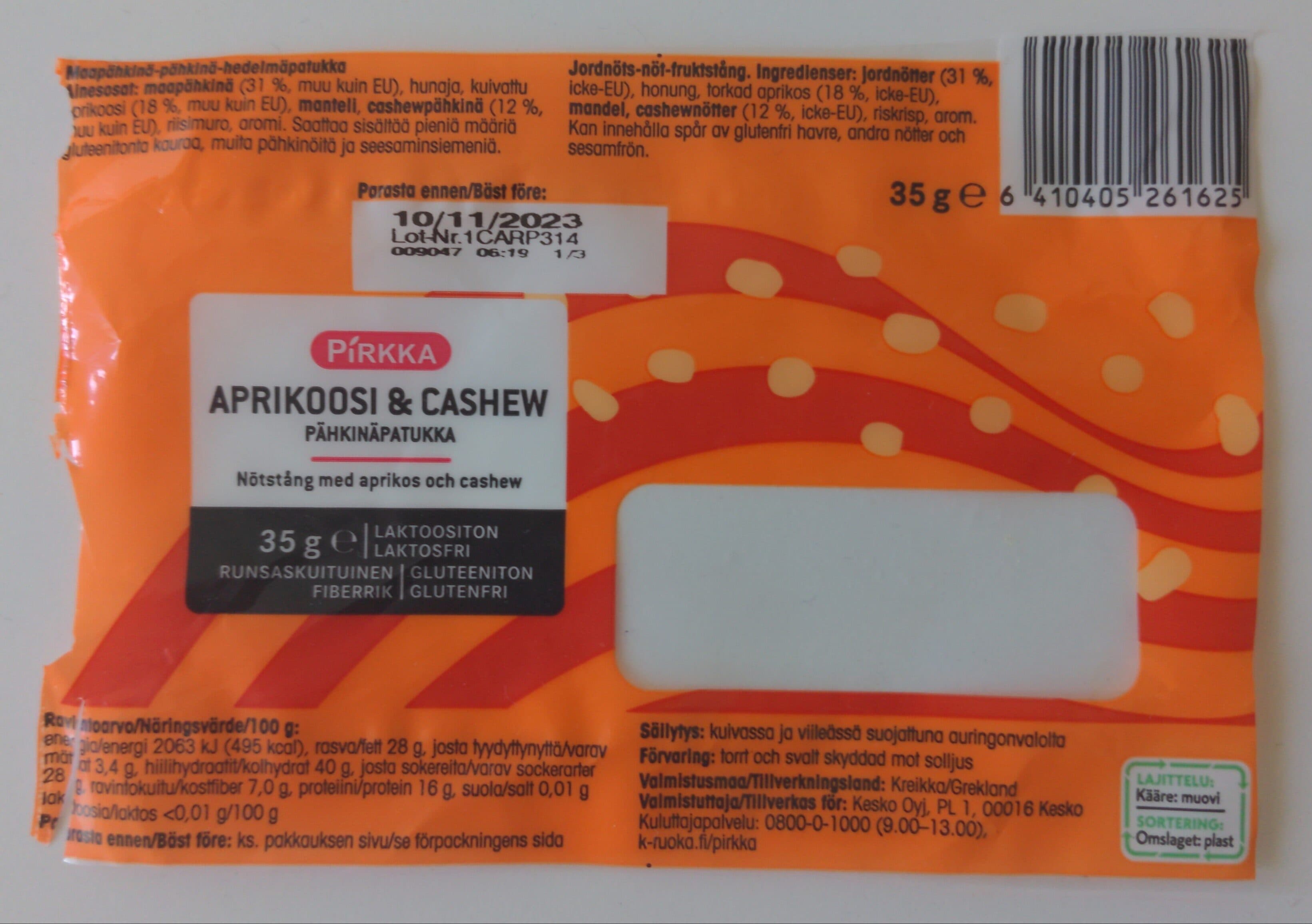 Pirkka Pähkinäpatukka aprikoosi & cashew packshot