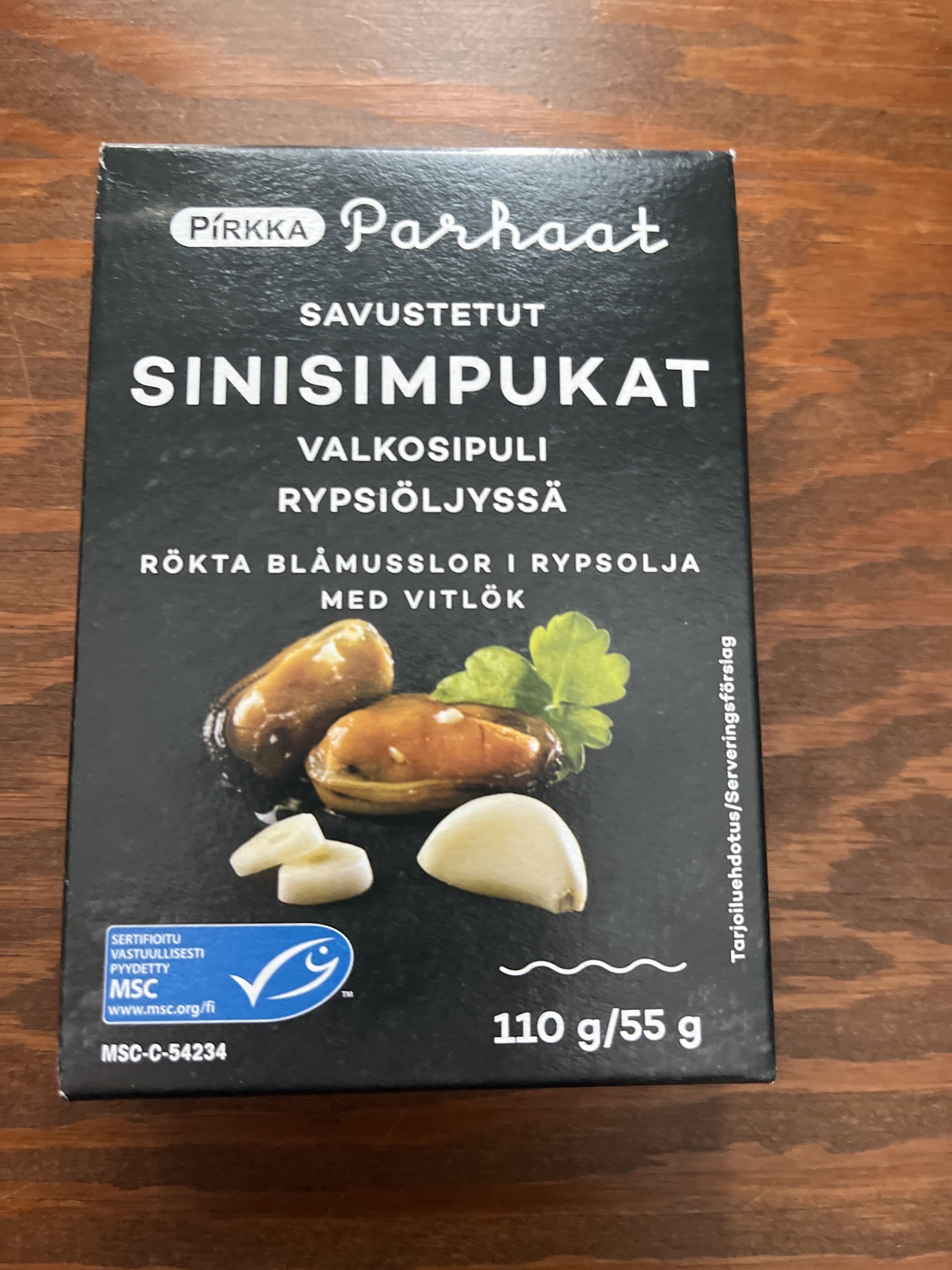 Pirkka parhaat Savustetut sinisimpukat valkosipuli rypsiöljyssä packshot