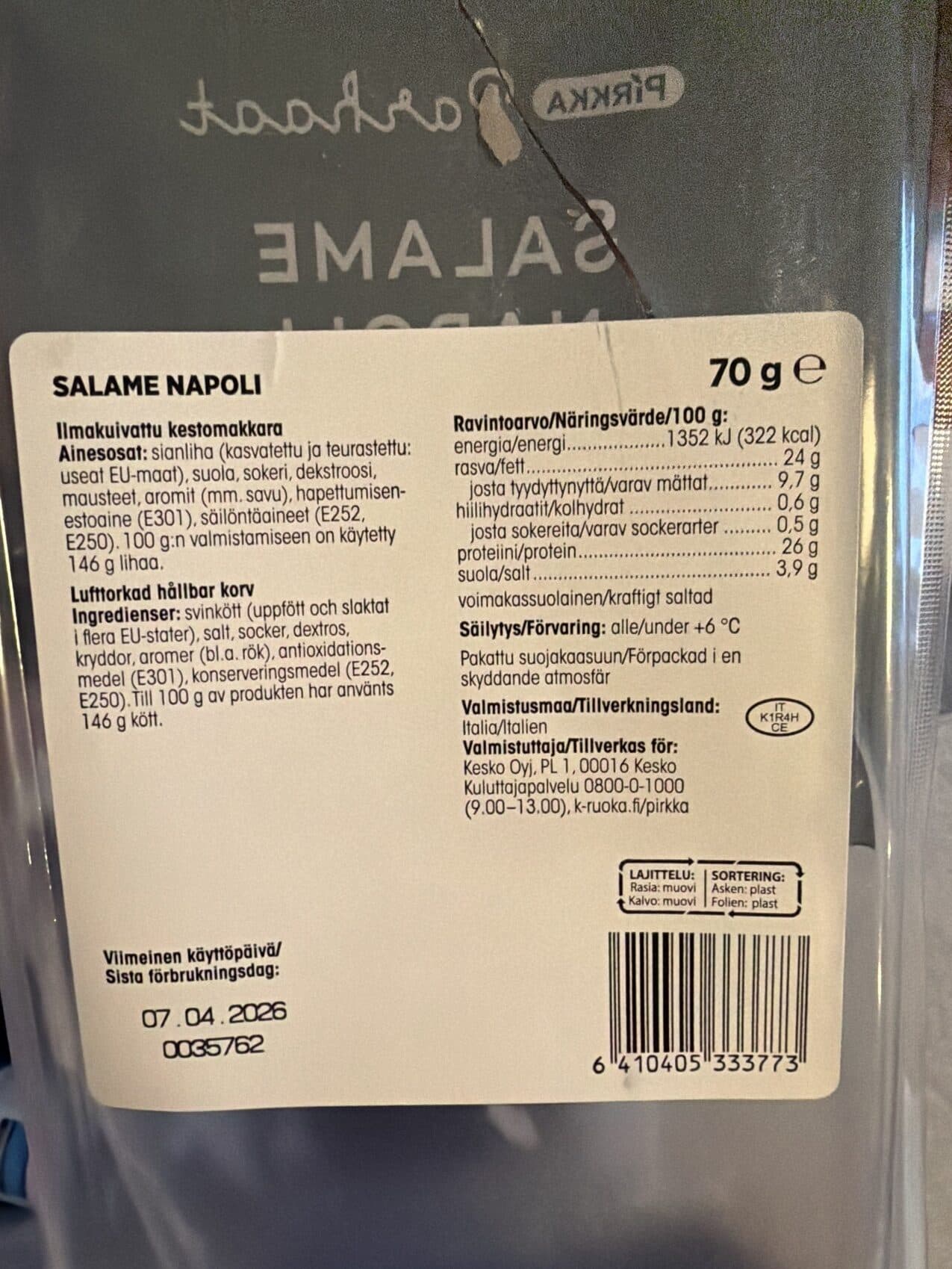 Pirkka Parhaat Salame Napoli packshot