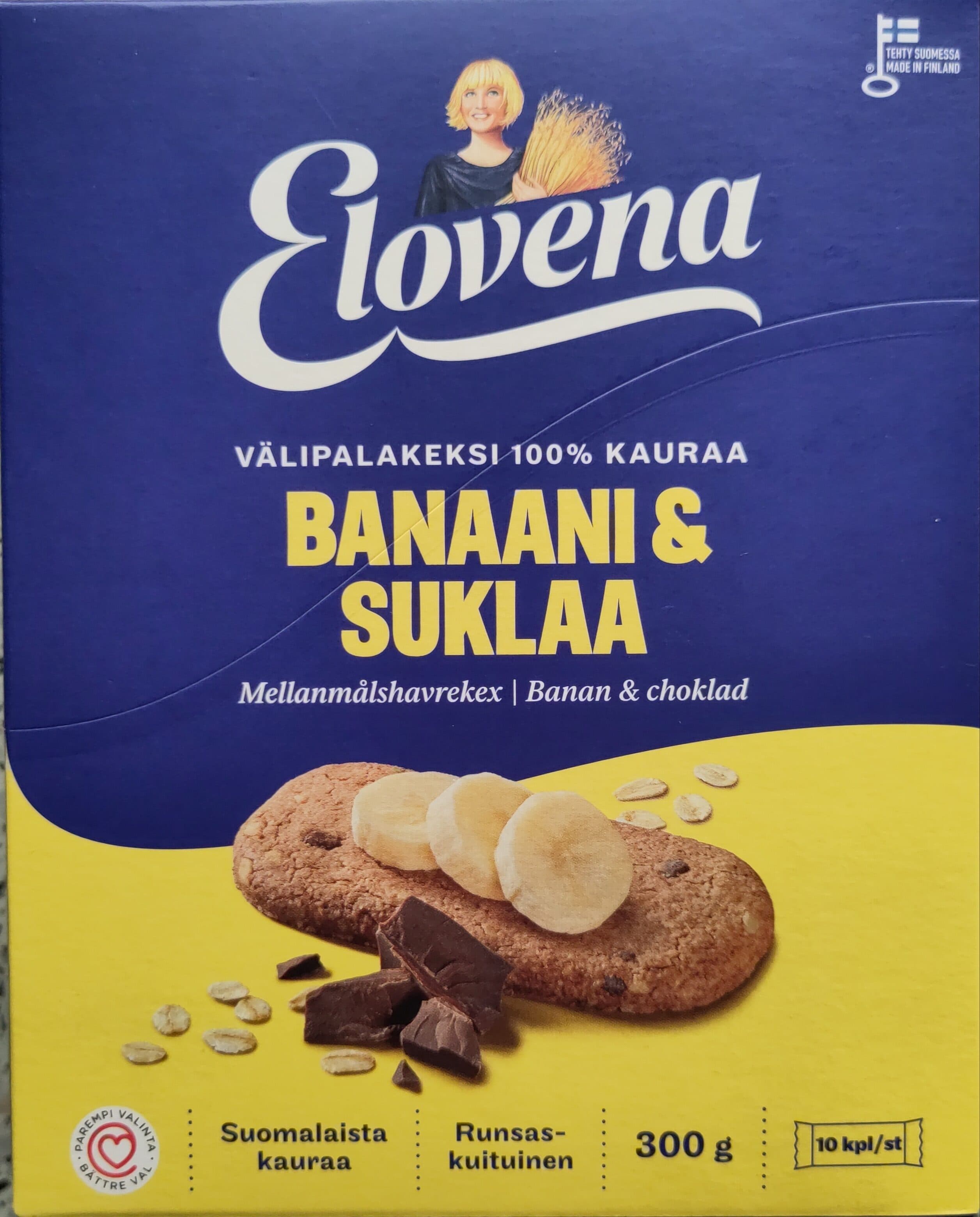 Elovena Banaani & suklaa välipalakeksi 10x30g packshot