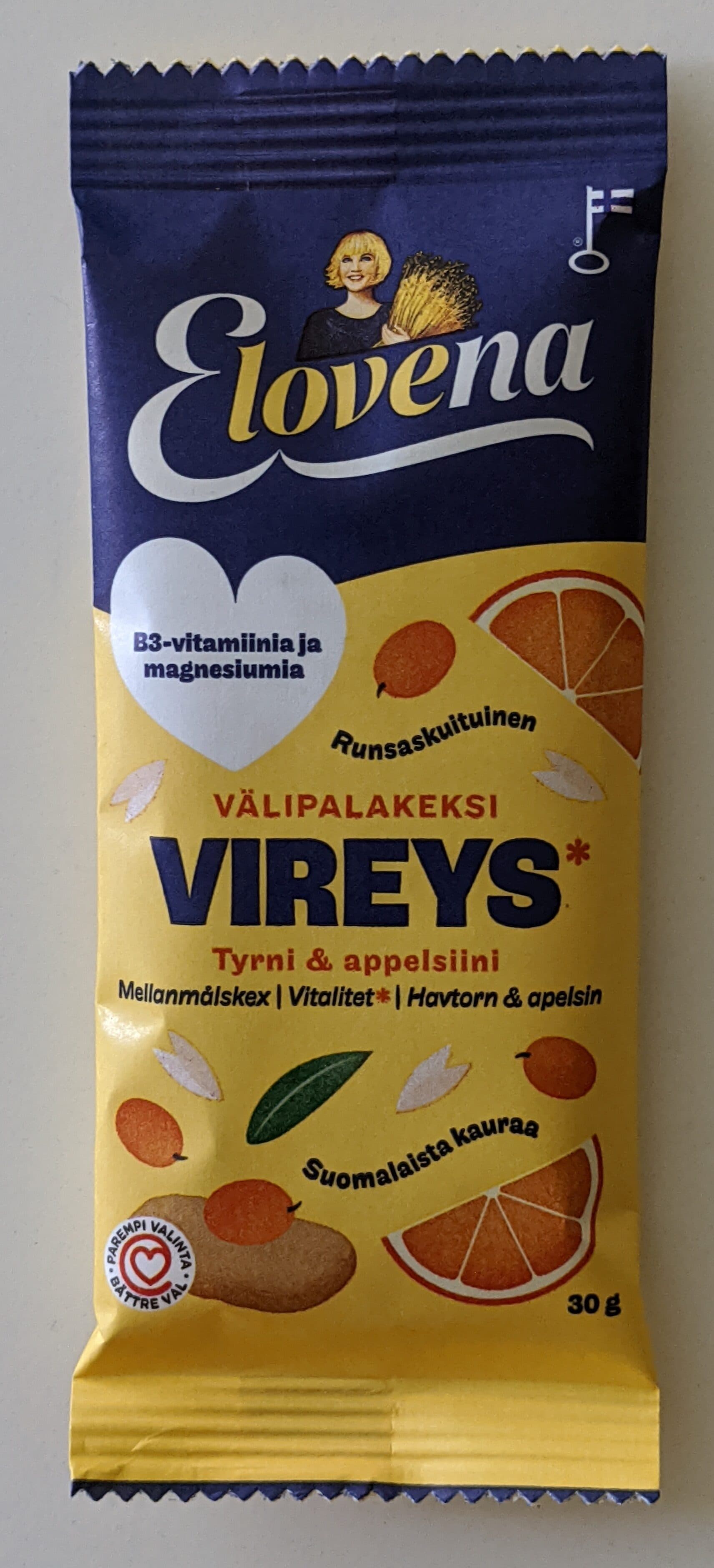 Elovena Välipalakeksi Vireys Tyrni & appelsiini packshot