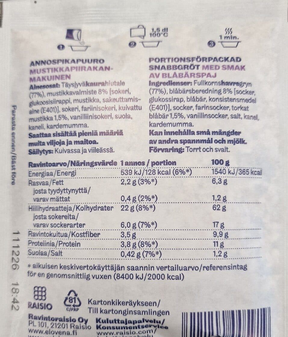 Elovena Annospikapuuro Mustikkapiirakka packshot