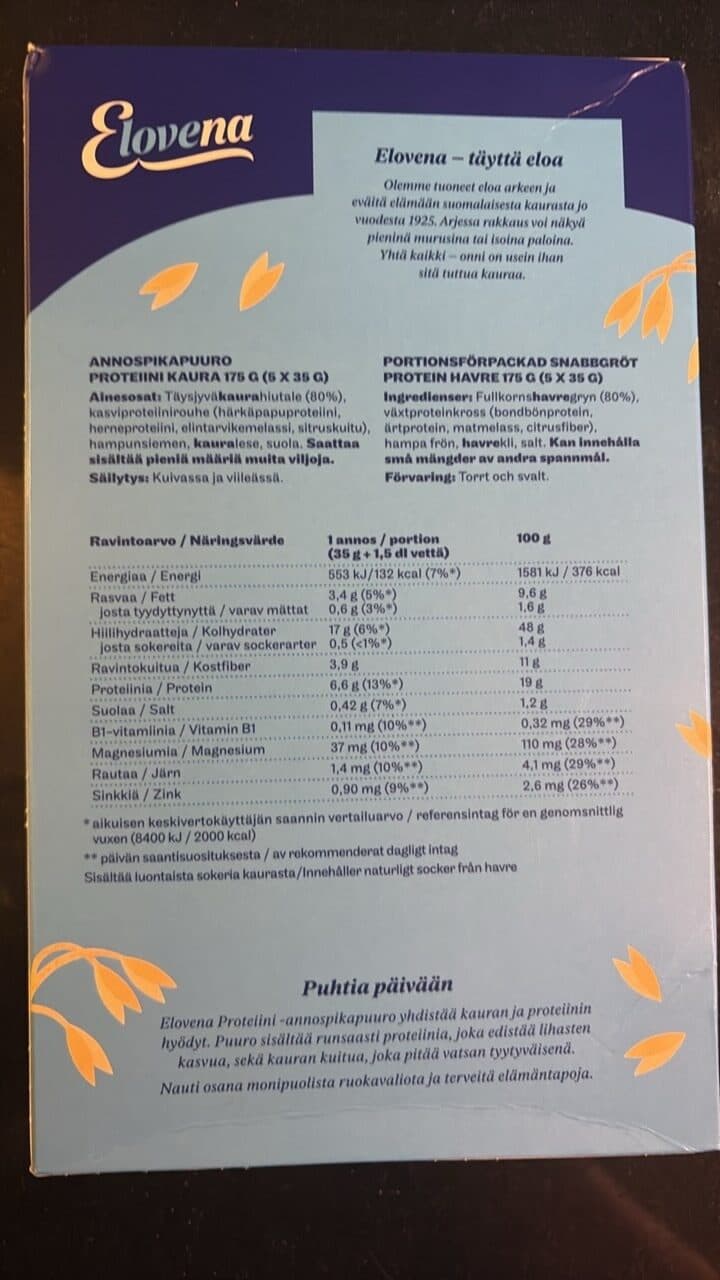 Elovena Proteiini-annospikapuuro packshot