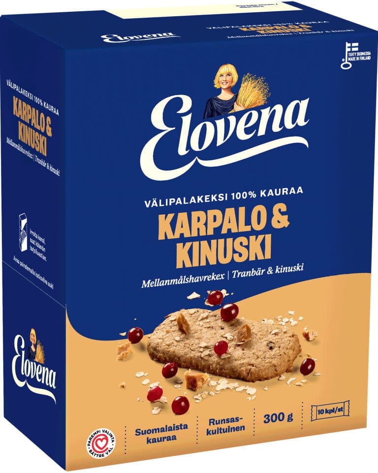 Elovena Välipalakeksi Karpalo & Kinuski packshot