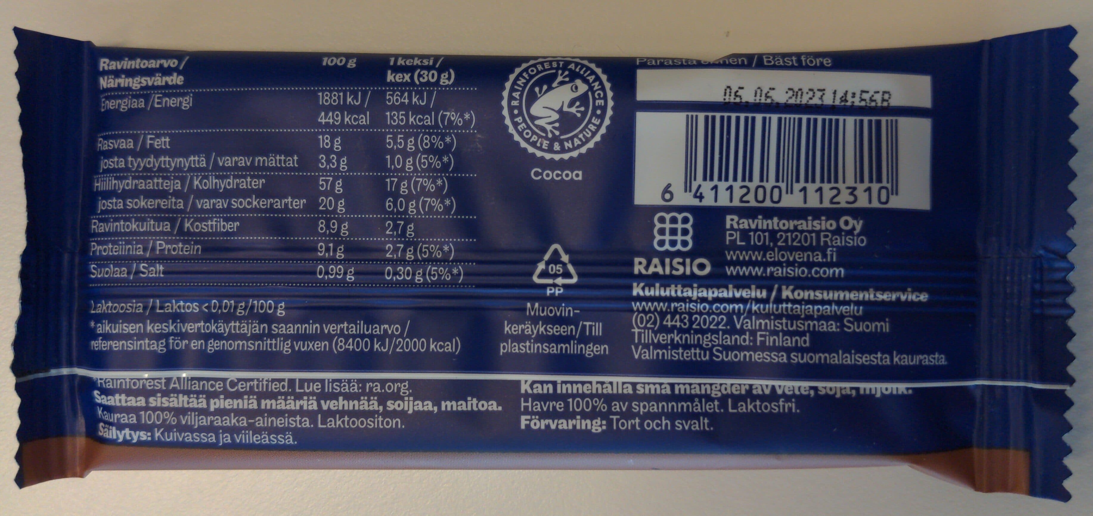 Elovena Välipalakeksi tumma suklaa packshot