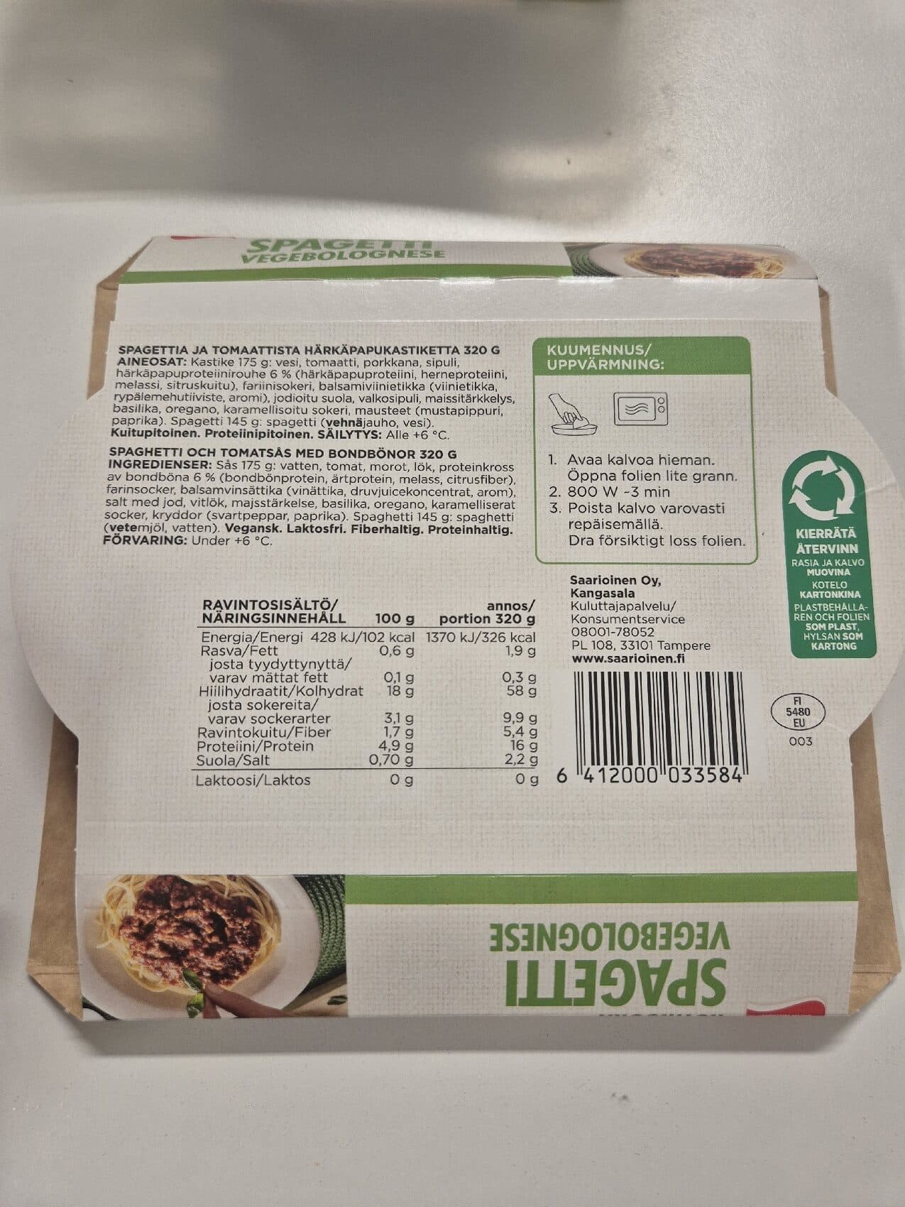 Saarioinen Spagetti Vege Bolognese packshot