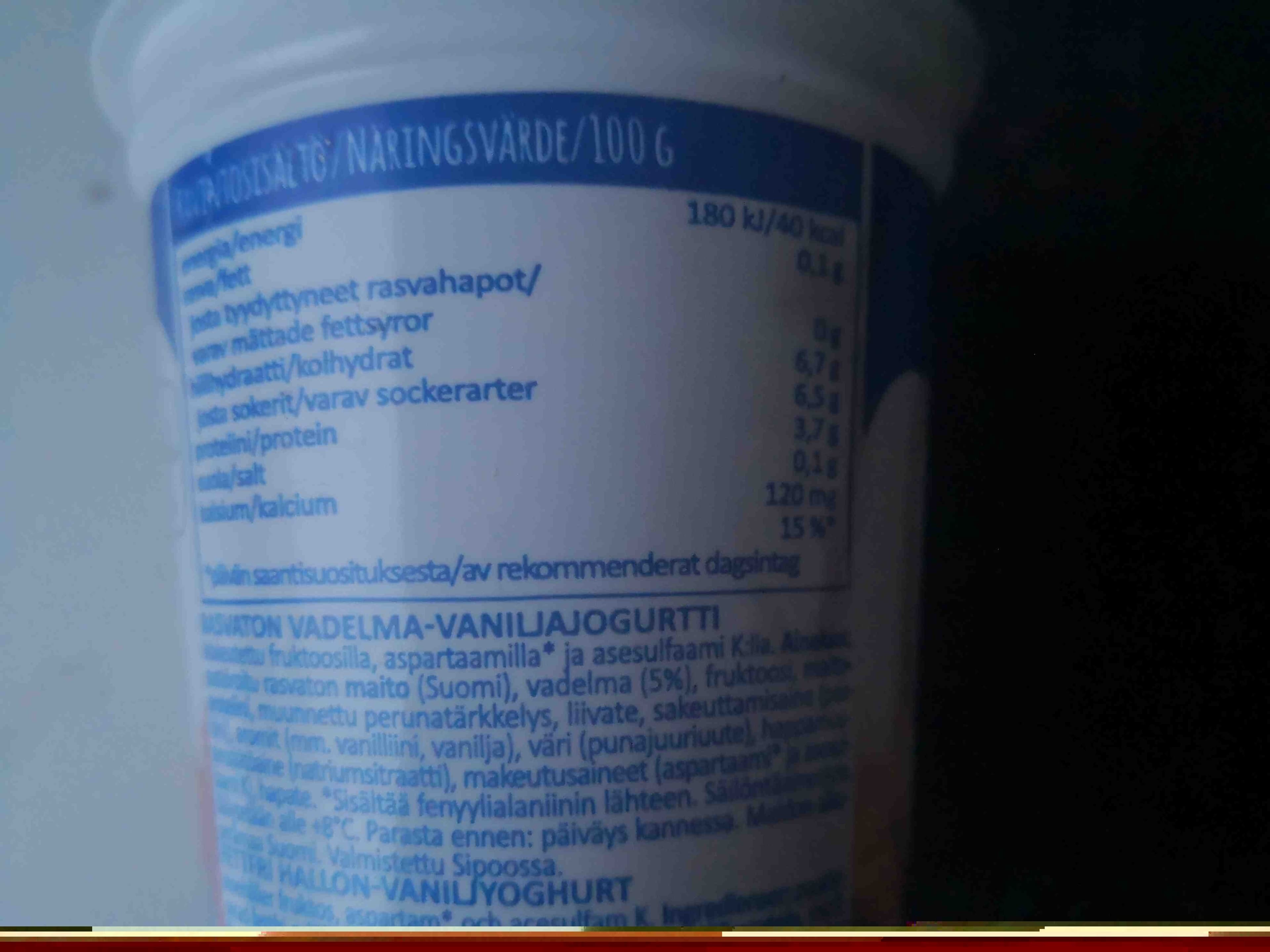 Arla Vadelma-vanilja rasvaton jogurtti packshot
