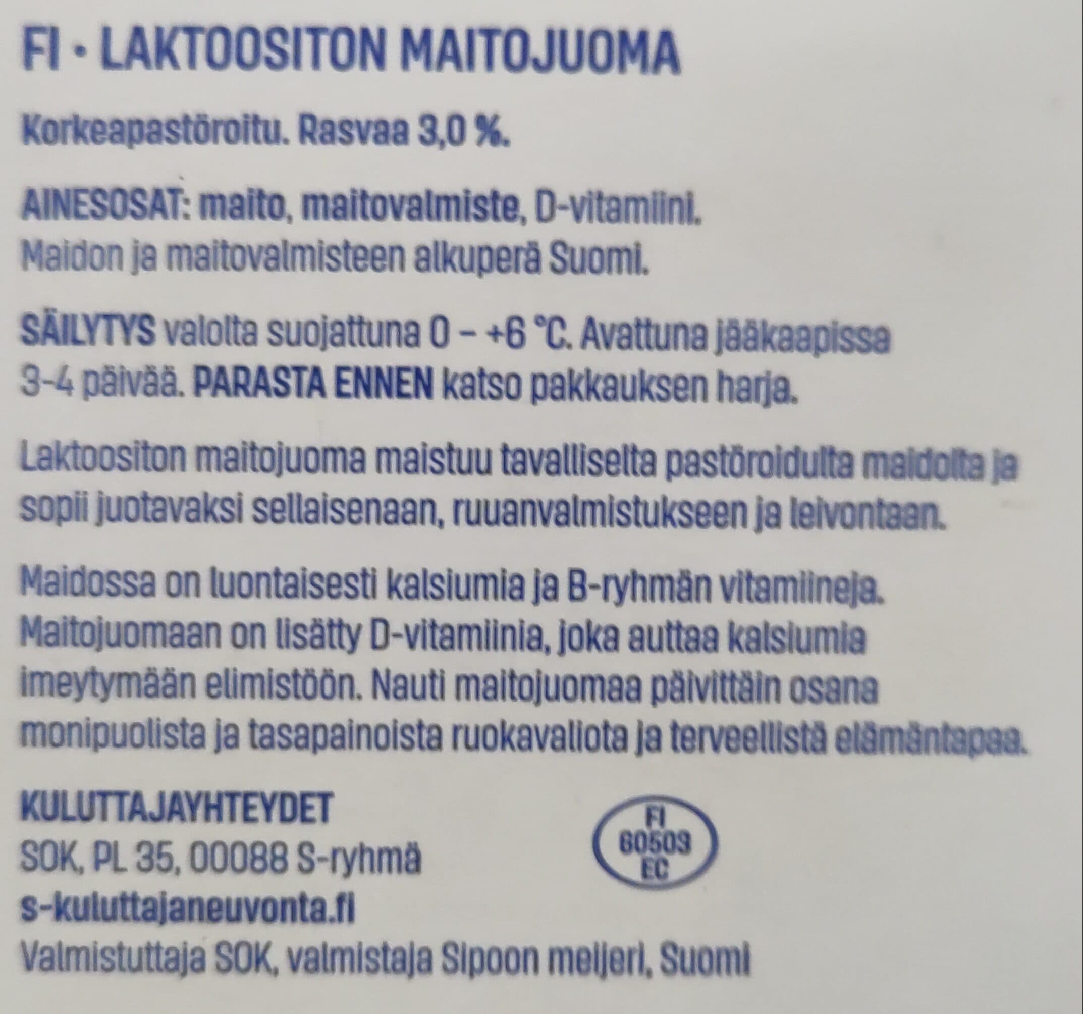 Kotimaista Laktoositon Maitojuoma 3% packshot