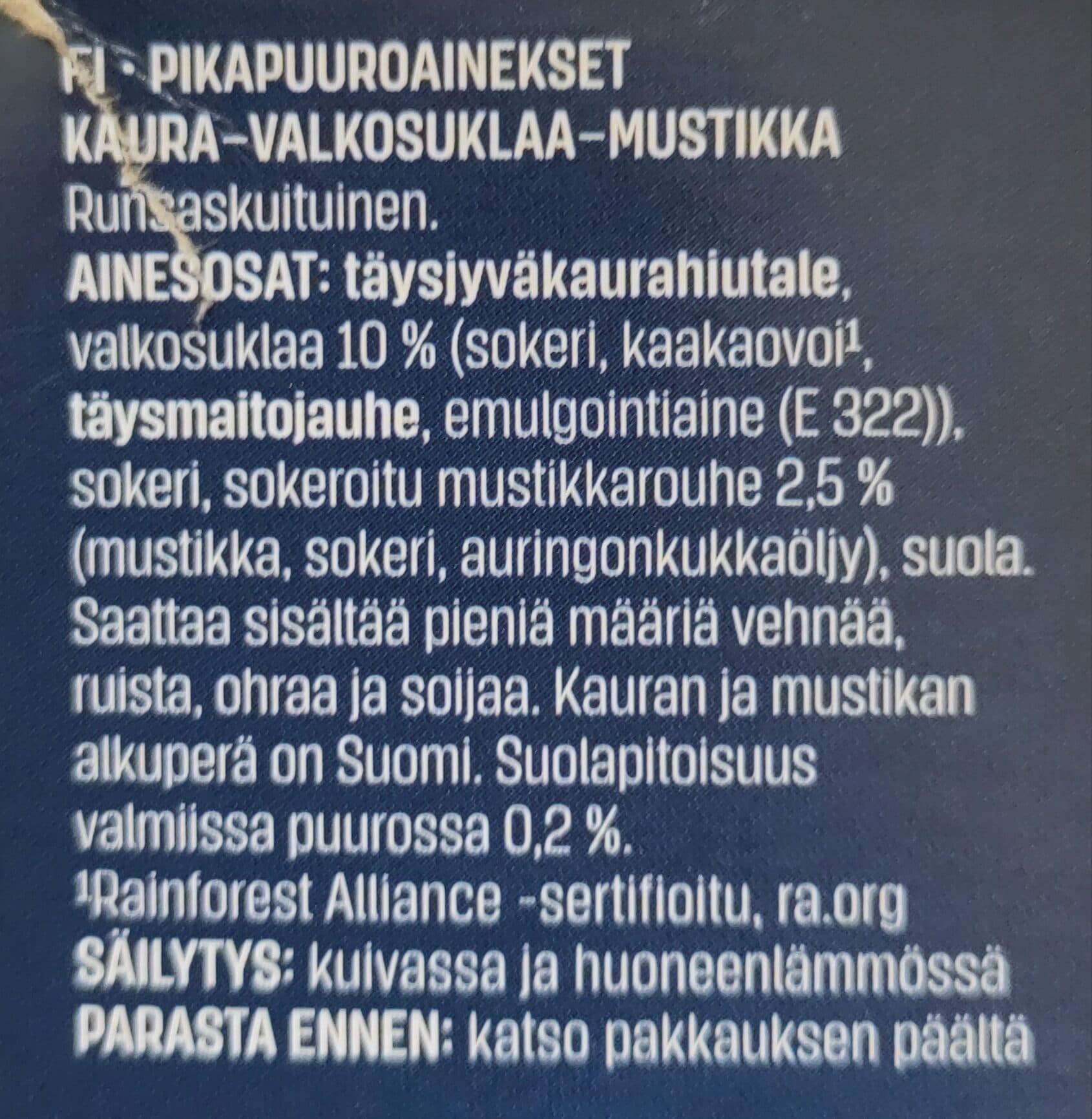 Kotimaista Annos Pikapuuro Kaura-valkosuklaa-mustikka packshot