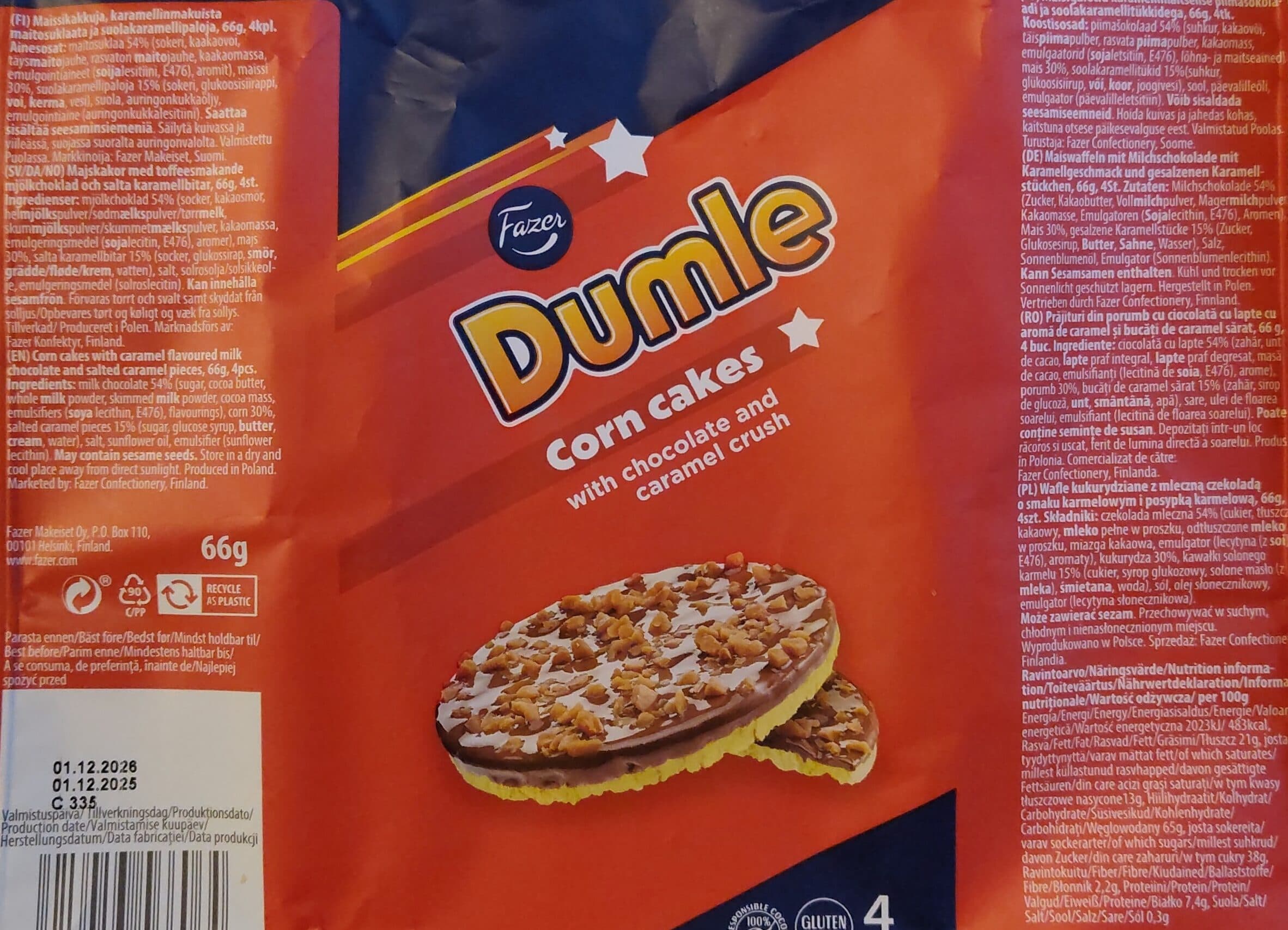 Fazer Dumle Corn Cakes with Chocolate & Caramel Crush packshot