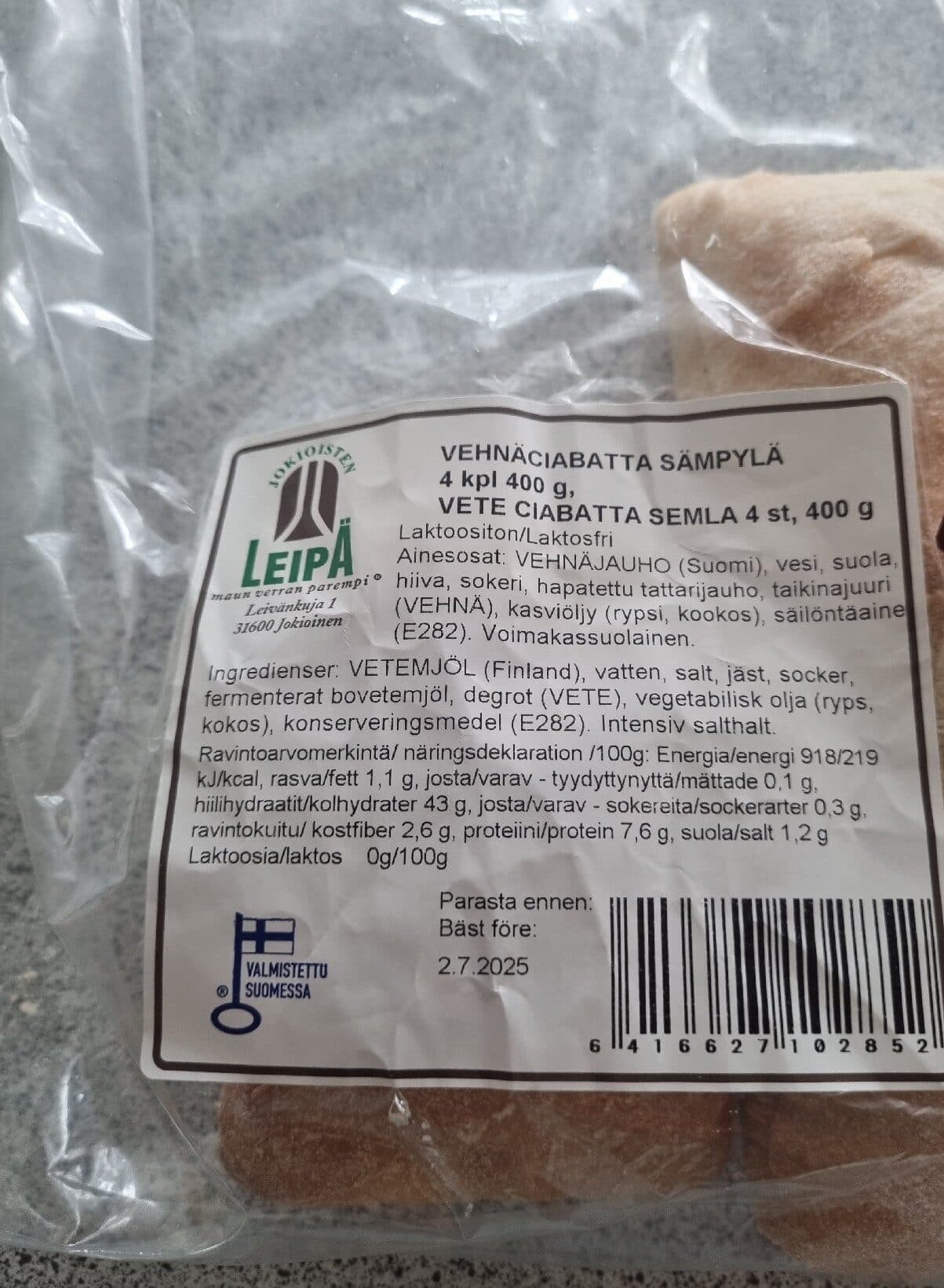 Jokioisten Leipä Vehnäciabatta Sämpylä packshot