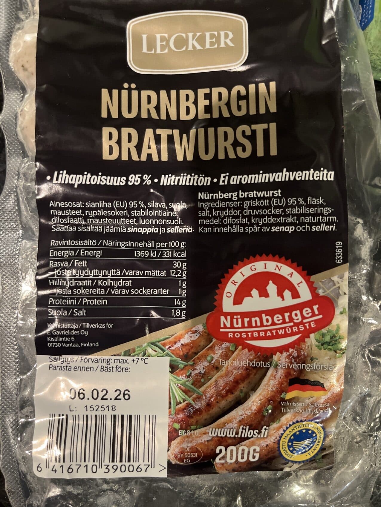 Lecker Nürnbergin Bratwursti packshot