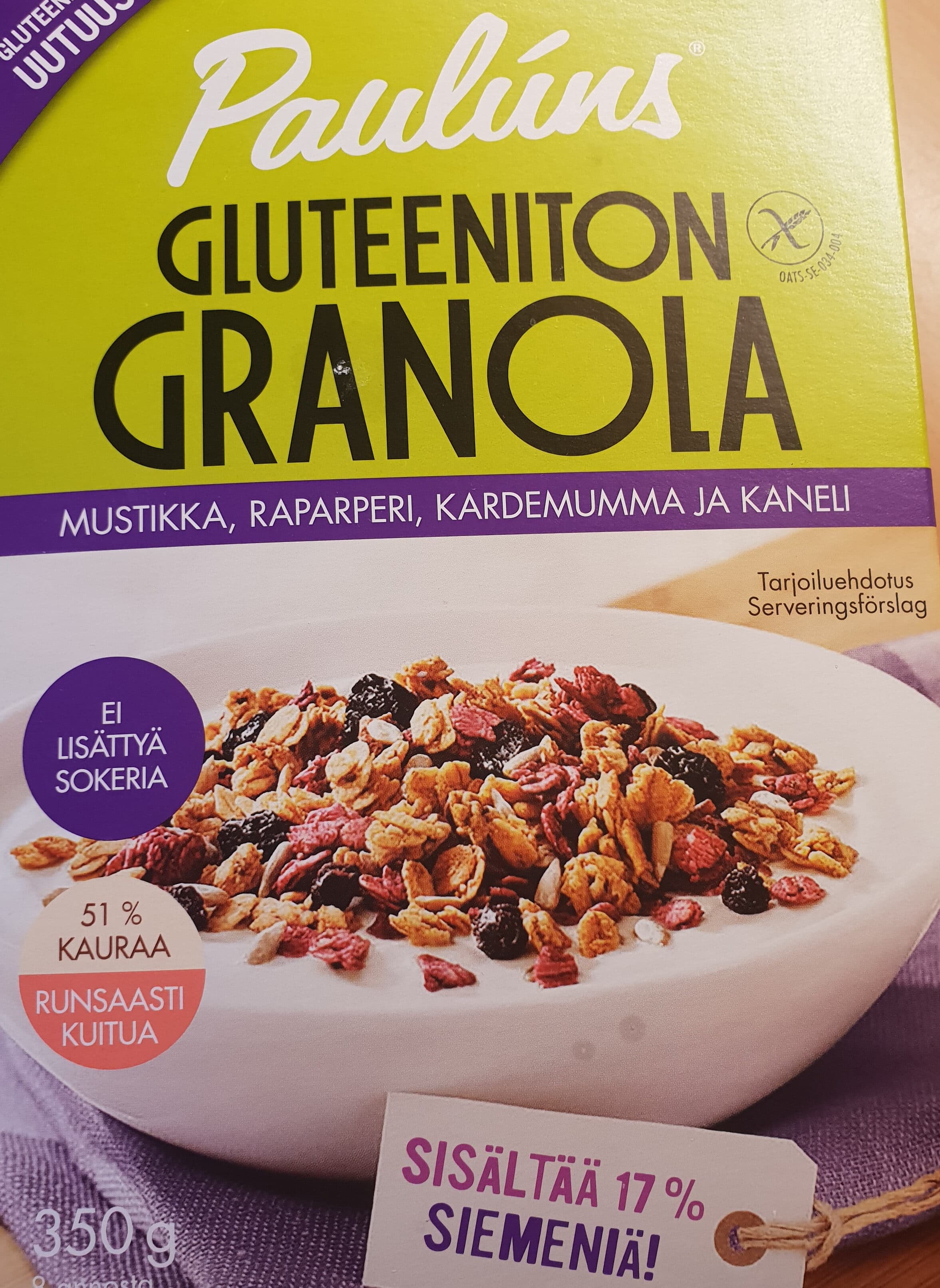 Paulúns Gluteeniton Granola Mustikka, raparperi, kardemumma ja kaneli packshot