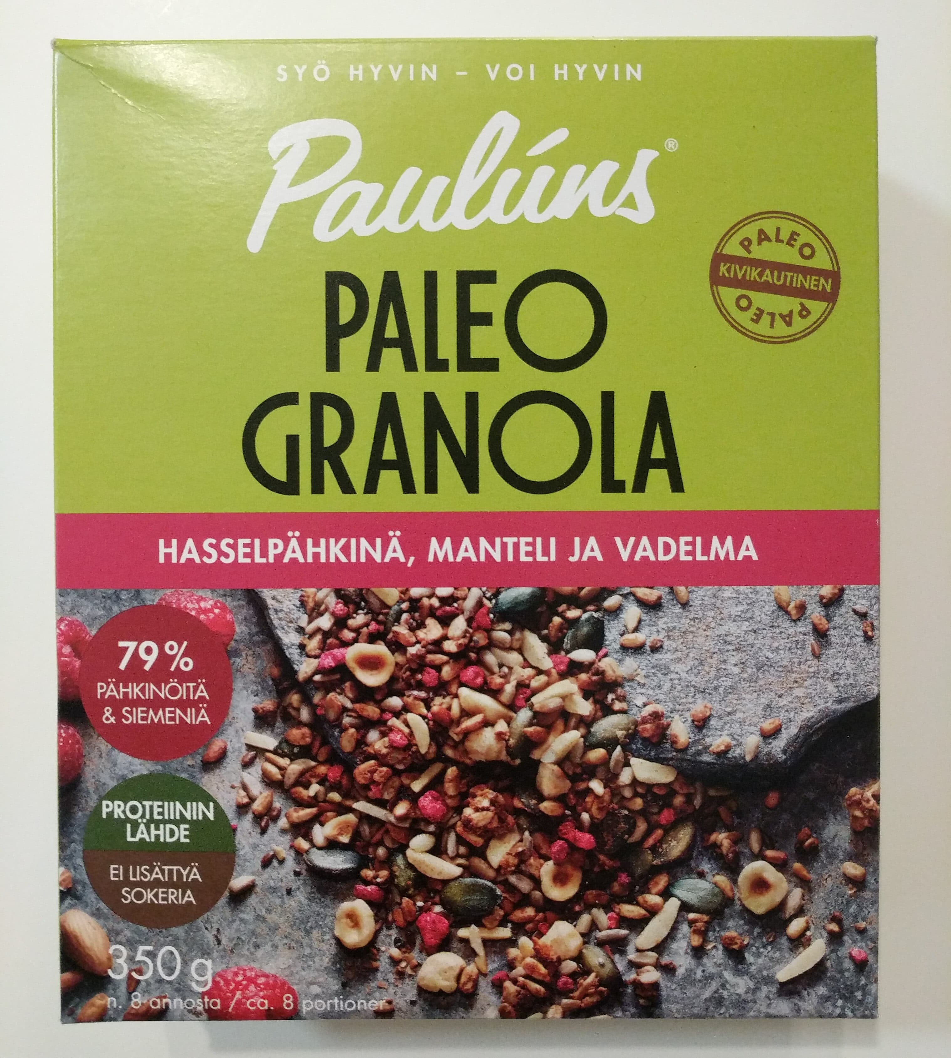 Paulúns Paleo granola hasselpähkinä, manteli ja vadelma packshot