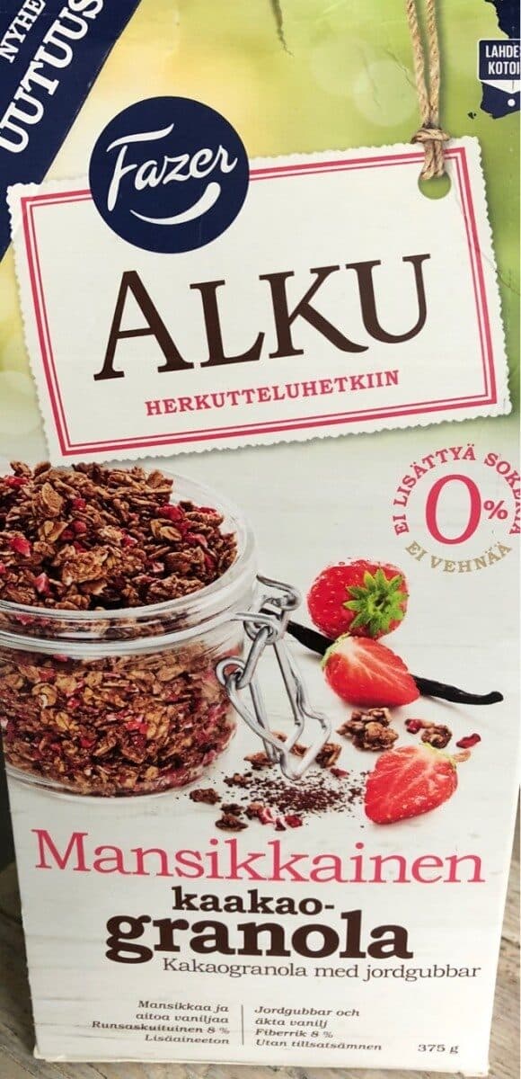 Fazer Alku mansikkainen kaakaogranola packshot