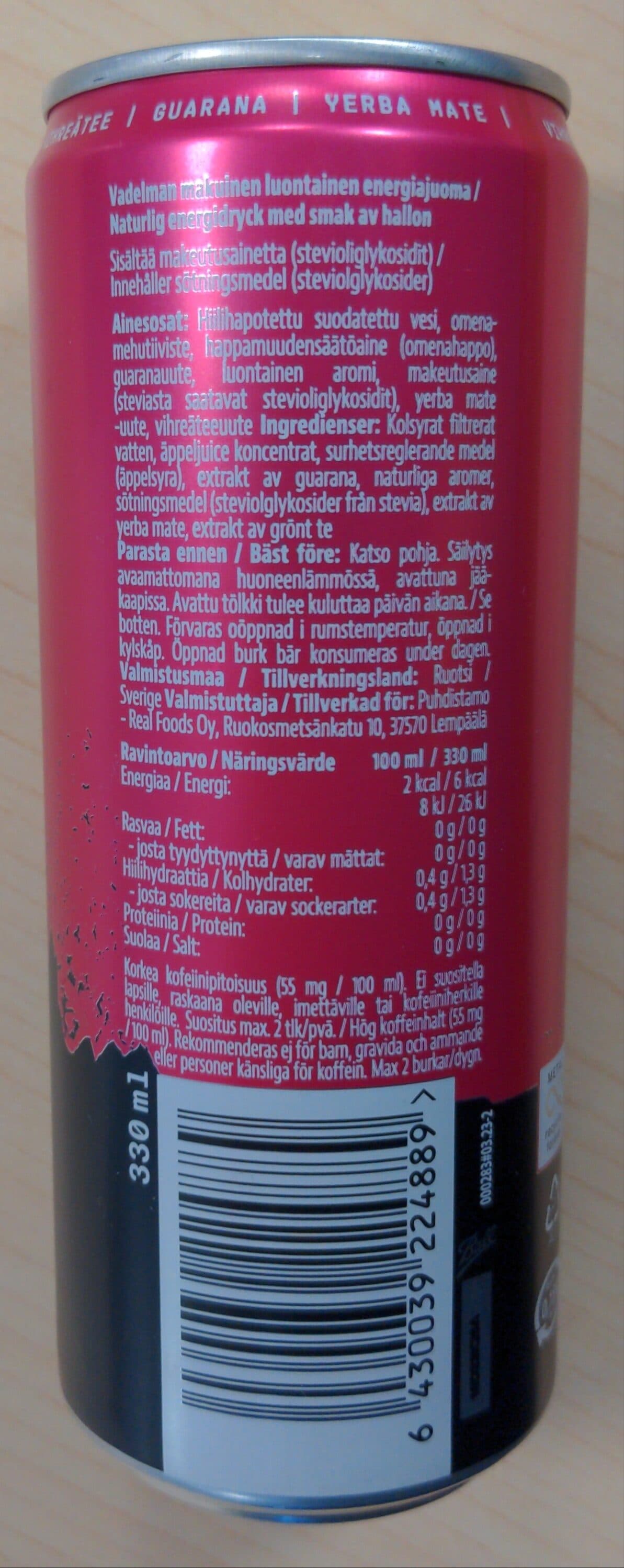 Puhdistamo Puhdistamo Natural Energy Drink Strong Raspberry 330 ml packshot