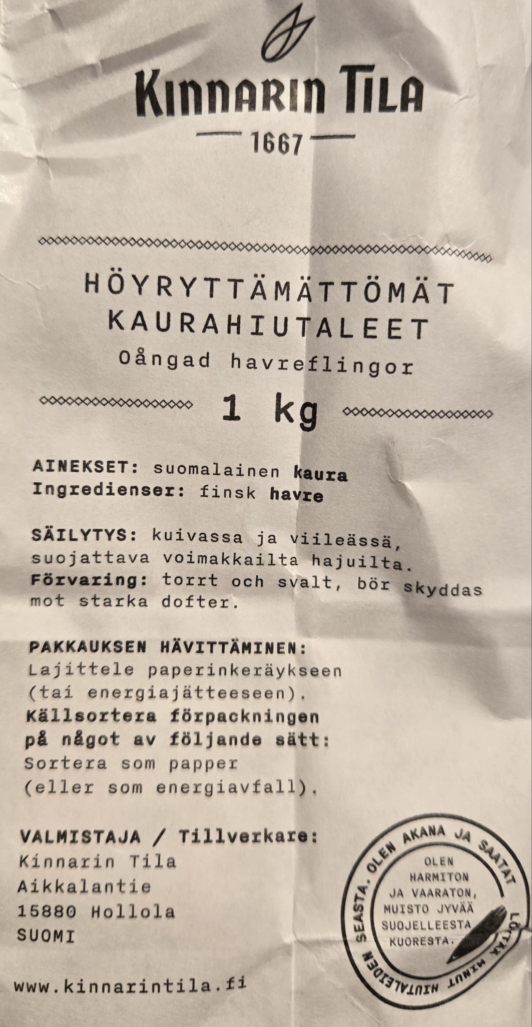 Kinnari Tila Höyryttämättömät Kaurahiutaleet packshot