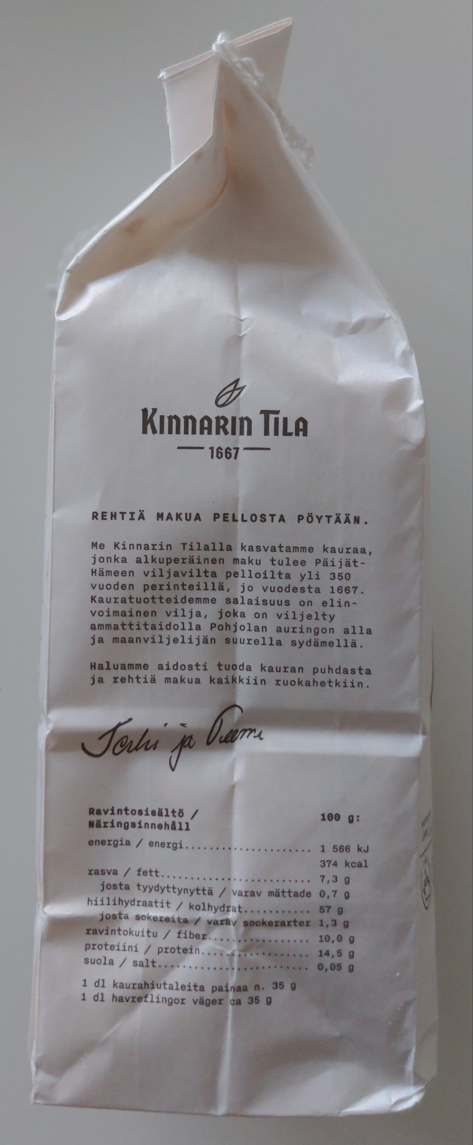 Kinnari Tila Höyryttämättömät Kaurahiutaleet packshot