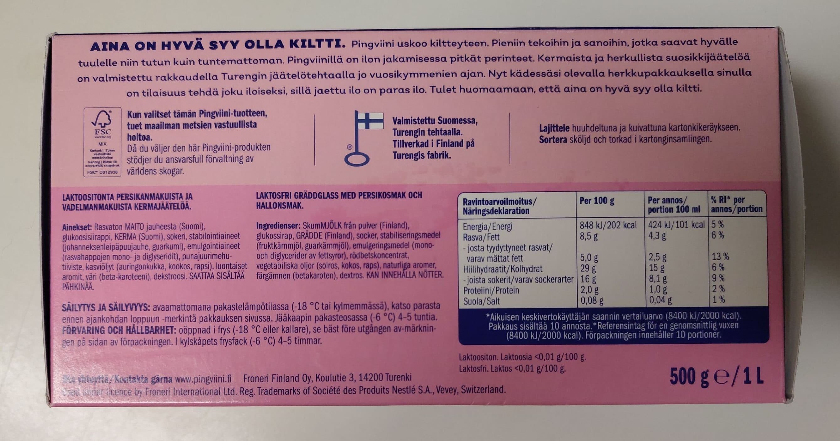 Pingviini Persikka-vadelma Jäätelö packshot