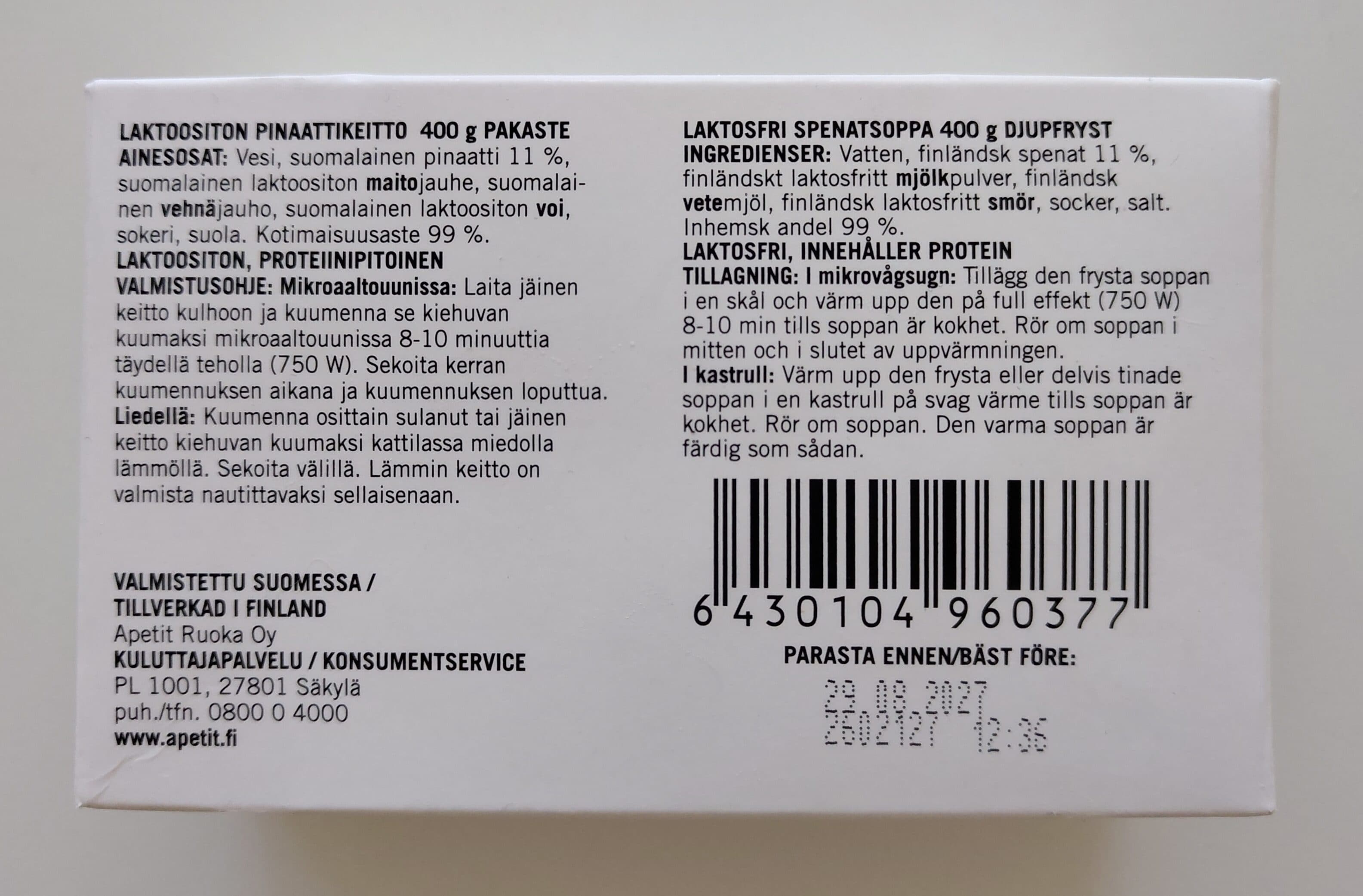 Apetit Laktoositon Pinaattikeitto packshot