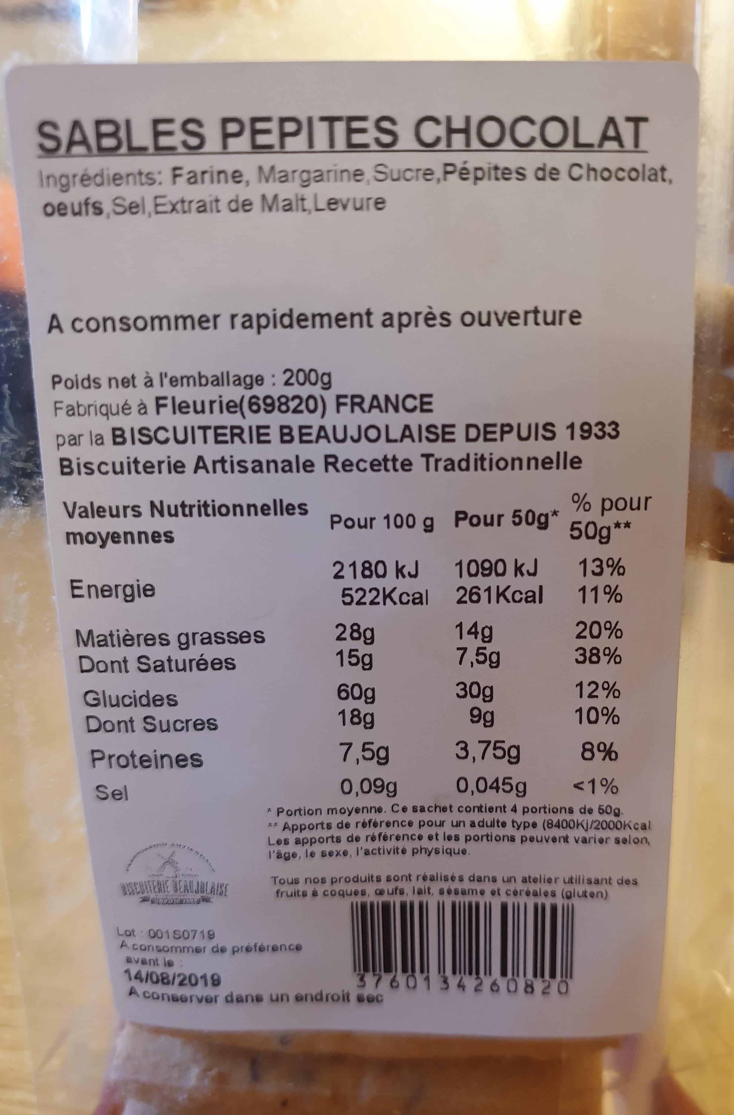 Biscuiterie Beaujolaise Sablés pépites de chocolat packshot