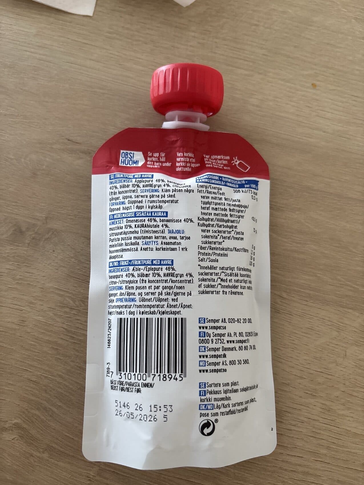 Semper Frukt Mums Med Havre Blåbär packshot