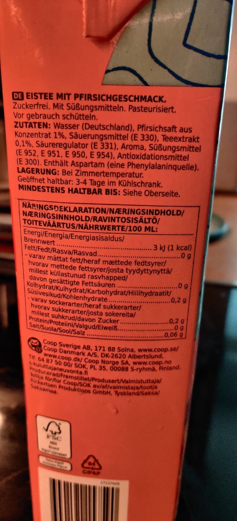 Coop Zero Sugar Ice Tea Peach packshot