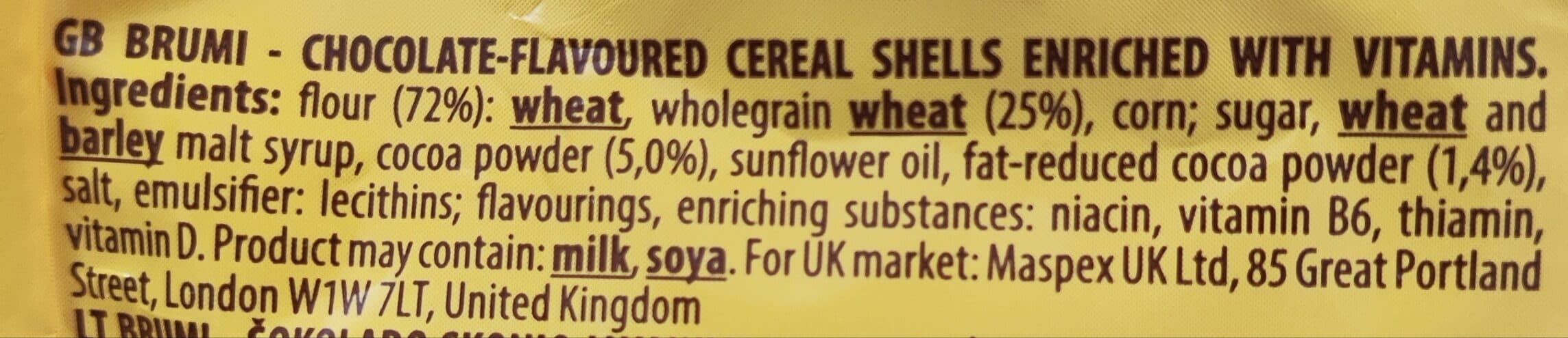 Brumi Chocolate-flavored Cereal shells enriched with vitamins packshot