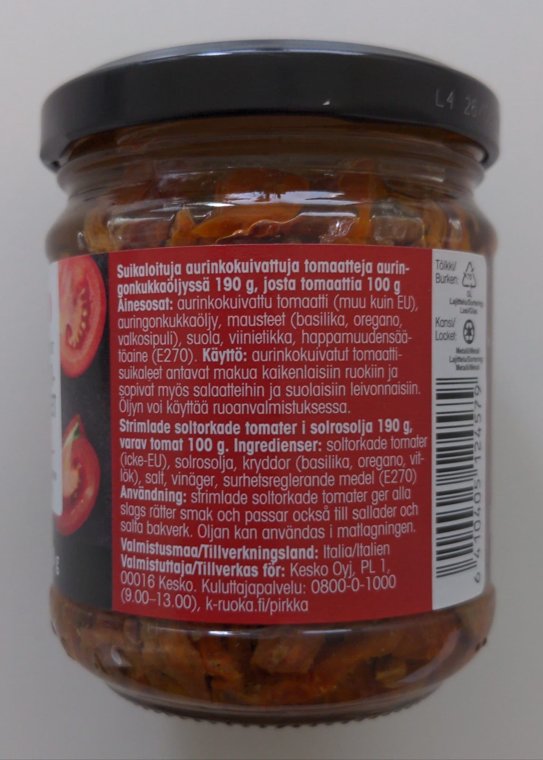 Pirkka Aurinkokuivatut Tomaattisuikaleet Öljyssä packshot
