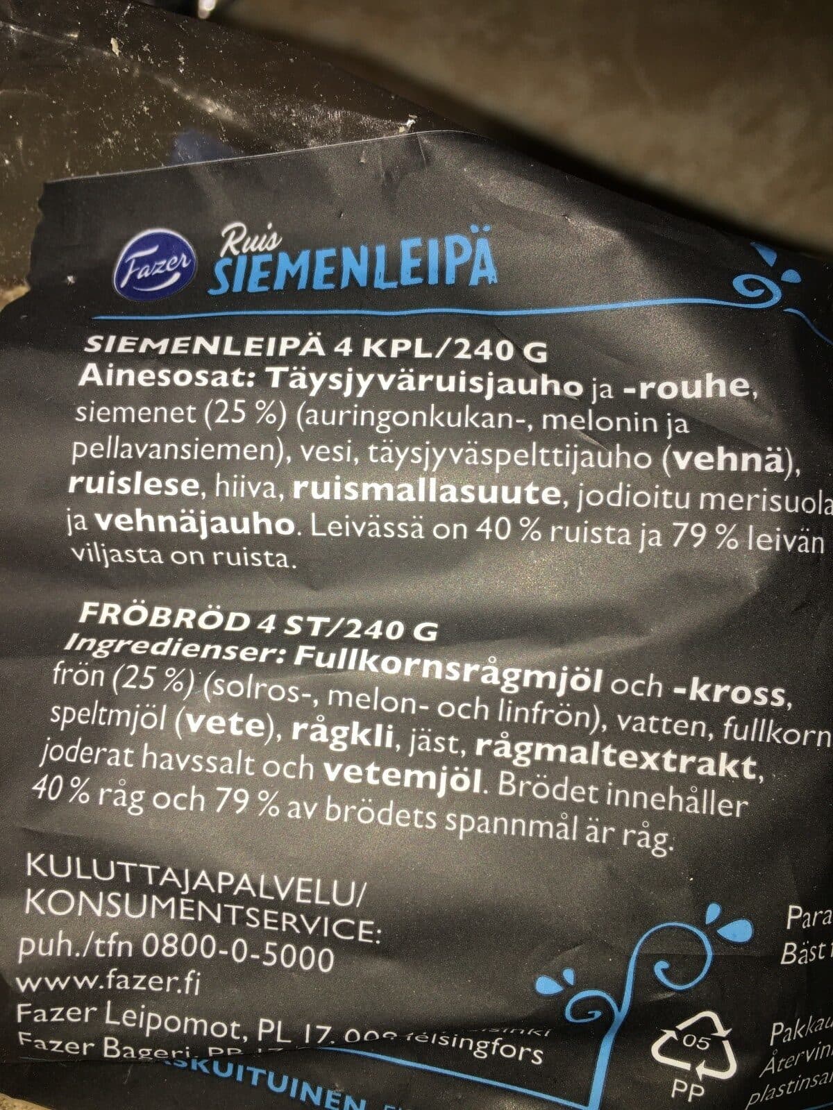 Open Food Facts Fazer Ruis Siemenleipä 4KPL packshot