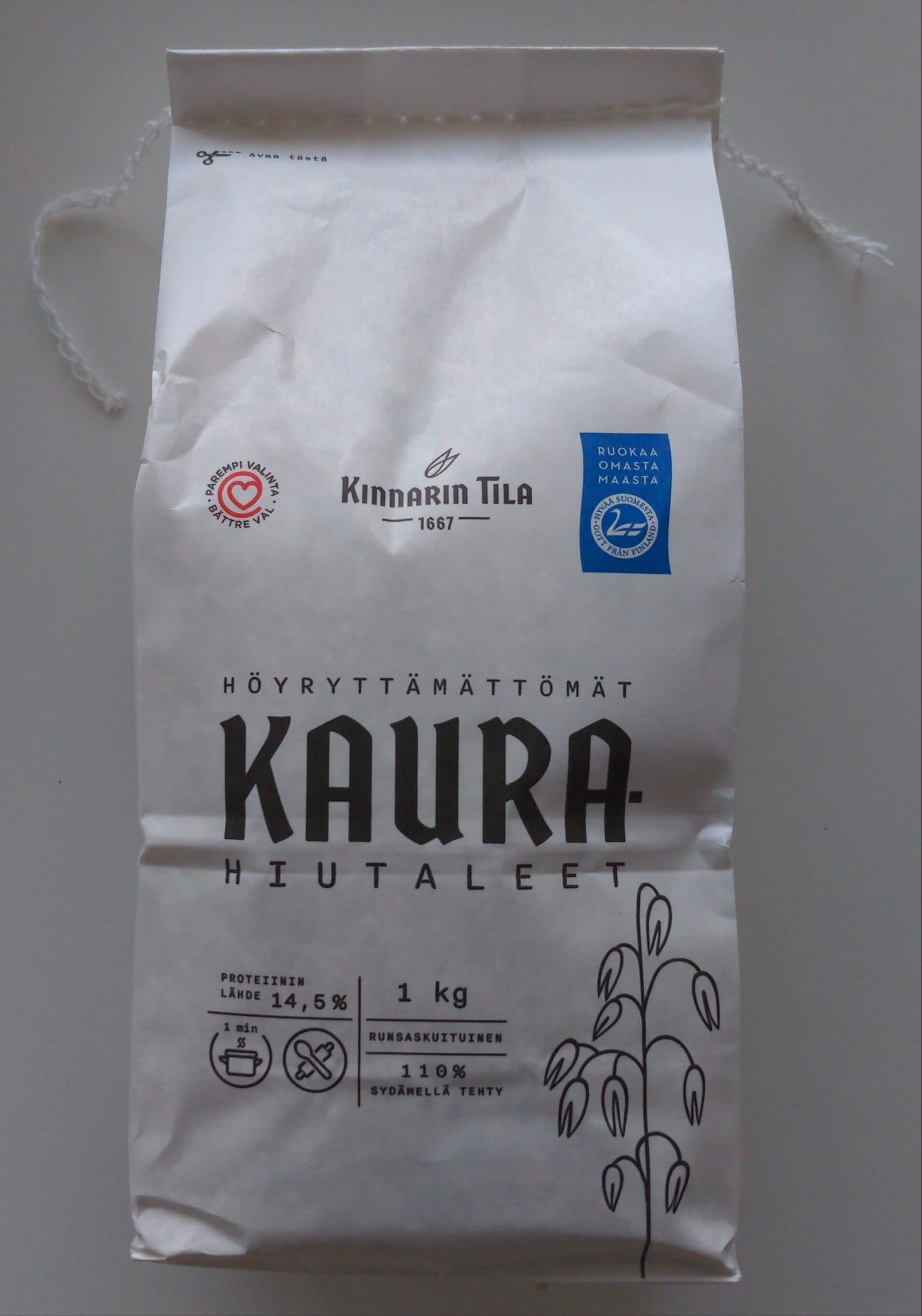Kinnari Tila Höyryttämättömät Kaurahiutaleet packshot